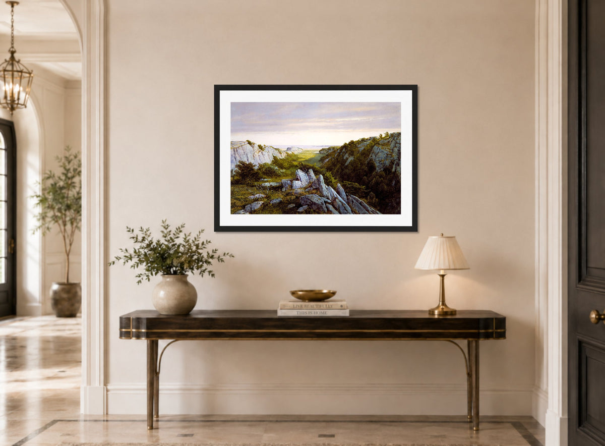 William Trost Richards Print, From Paradise to Purgatory, Newport (1878) displayed above a console table