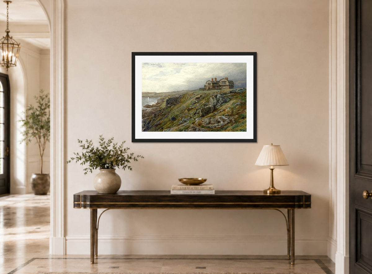 William Trost Richards Print, Graycliff, the Artist’s Home, Newport, Rhode Island (1882) displayed above a console table