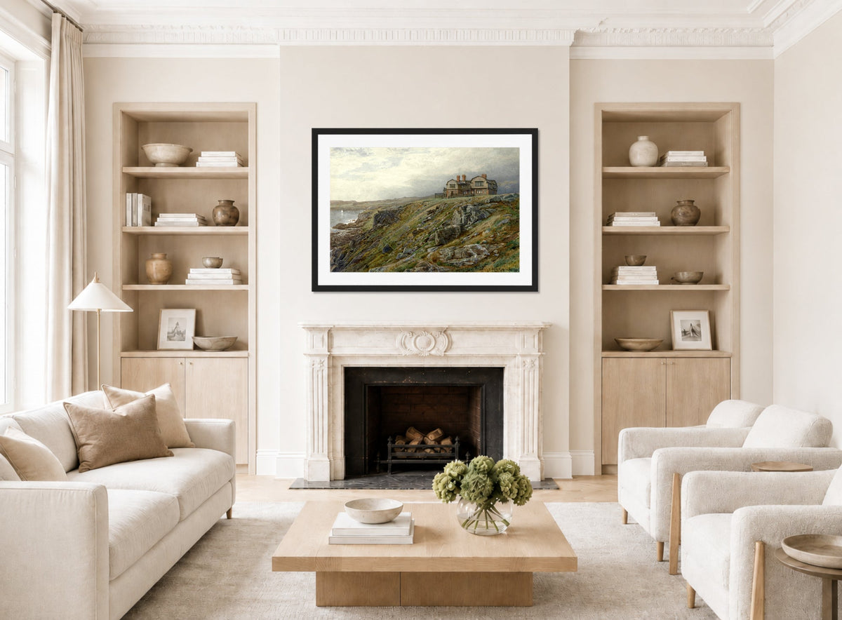 William Trost Richards Print, Graycliff, the Artist’s Home, Newport, Rhode Island (1882) displayed in a Scandinavian living room