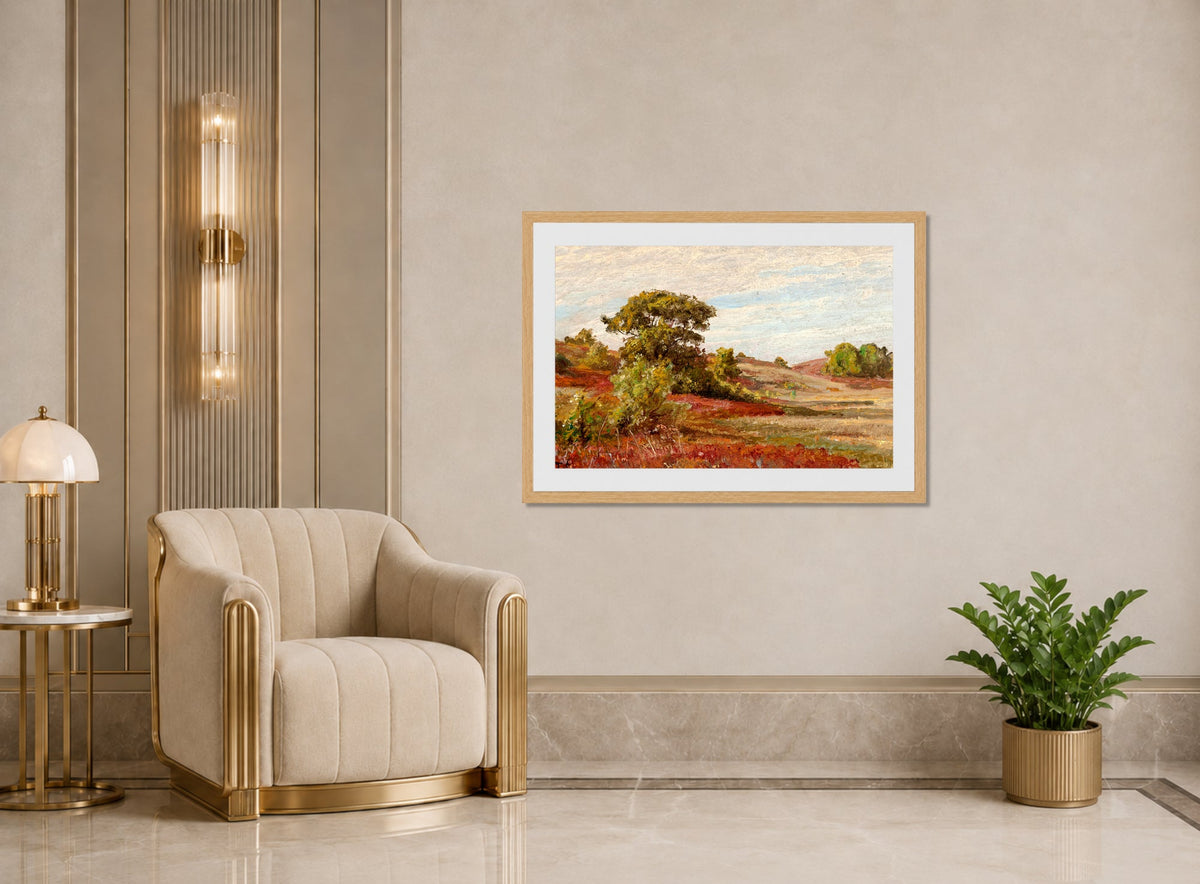 William Trost Richards Print, Huckleberry Bushes at Matunuck, Rhode Island displayed in an Art Deco interior