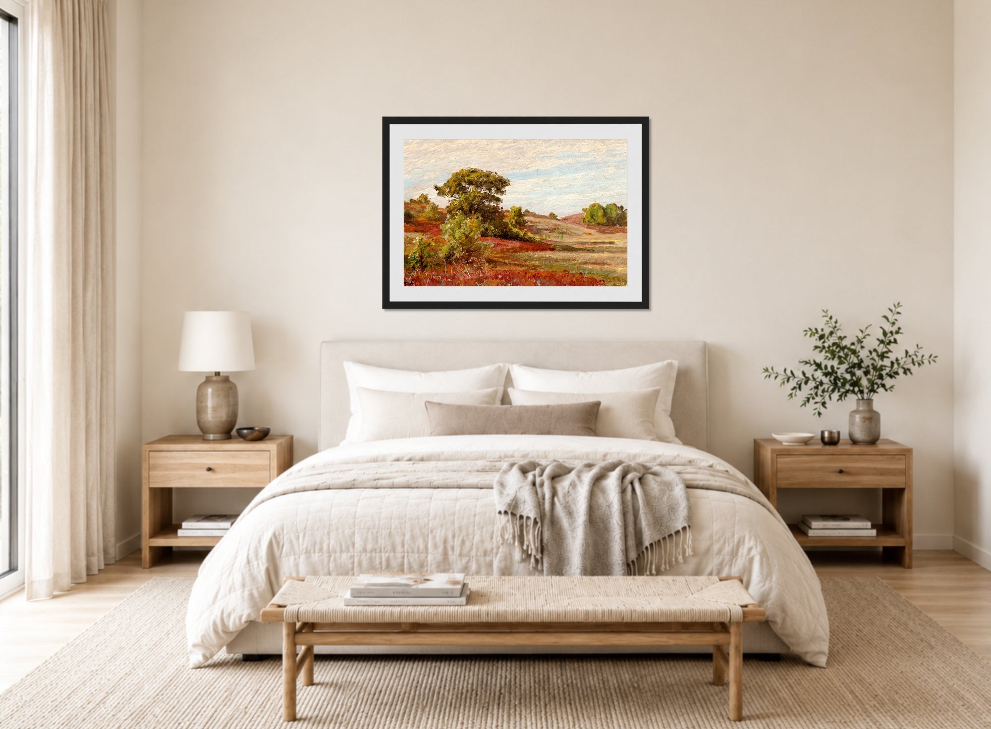 William Trost Richards Print, Huckleberry Bushes at Matunuck, Rhode Island displayed above a bed
