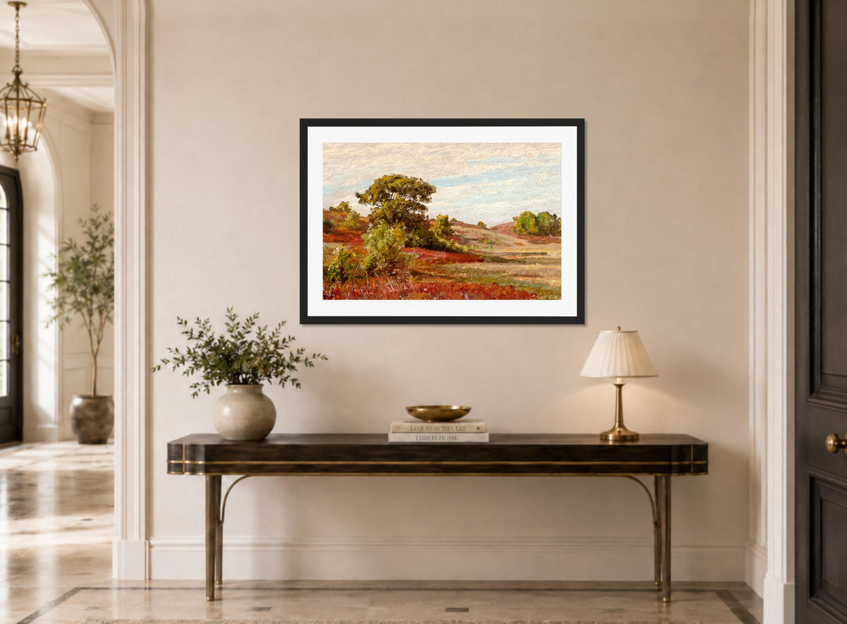 William Trost Richards Print, Huckleberry Bushes at Matunuck, Rhode Island displayed above a console table