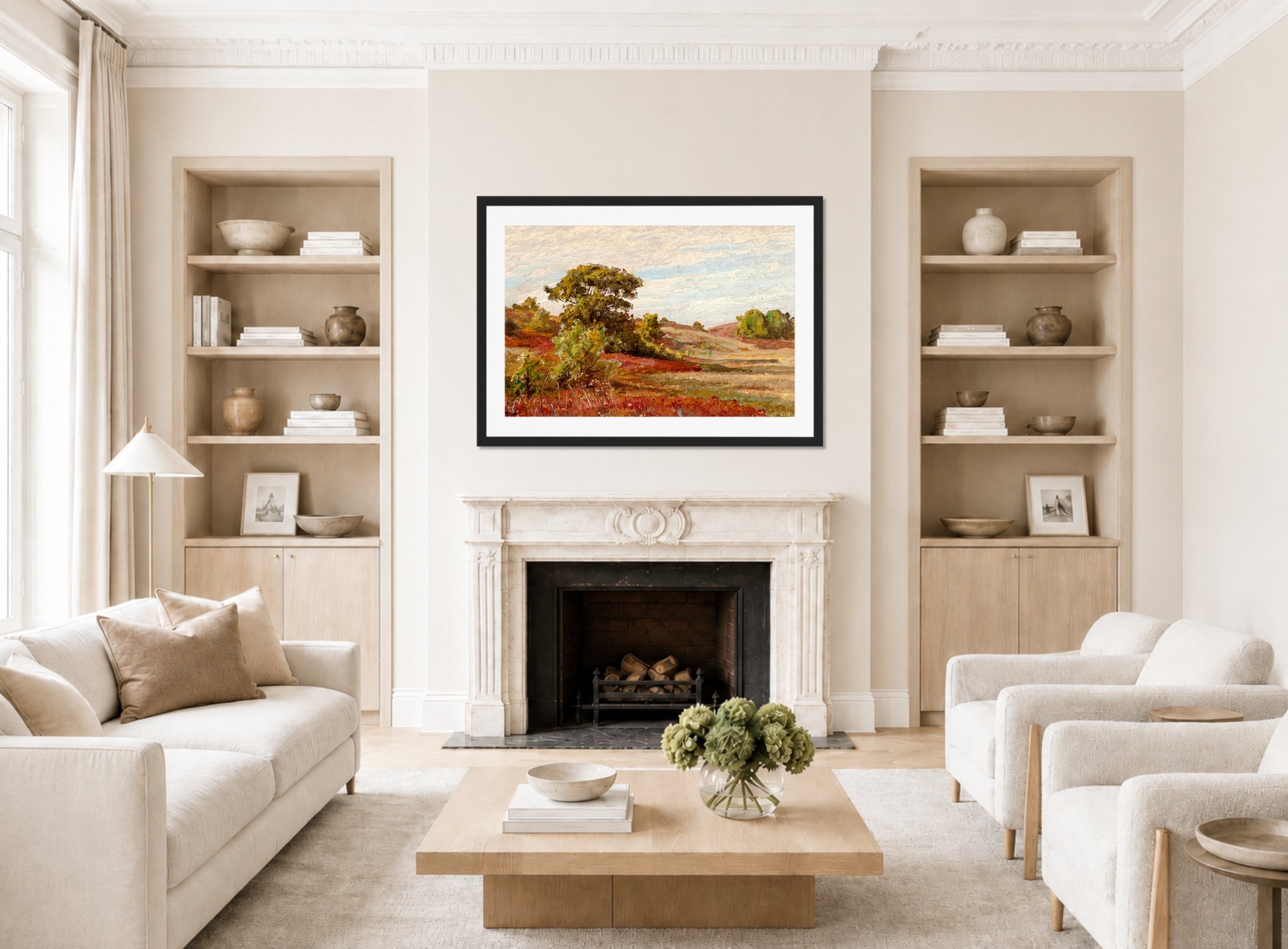 William Trost Richards Print, Huckleberry Bushes at Matunuck, Rhode Island displayed in a Scandinavian living room