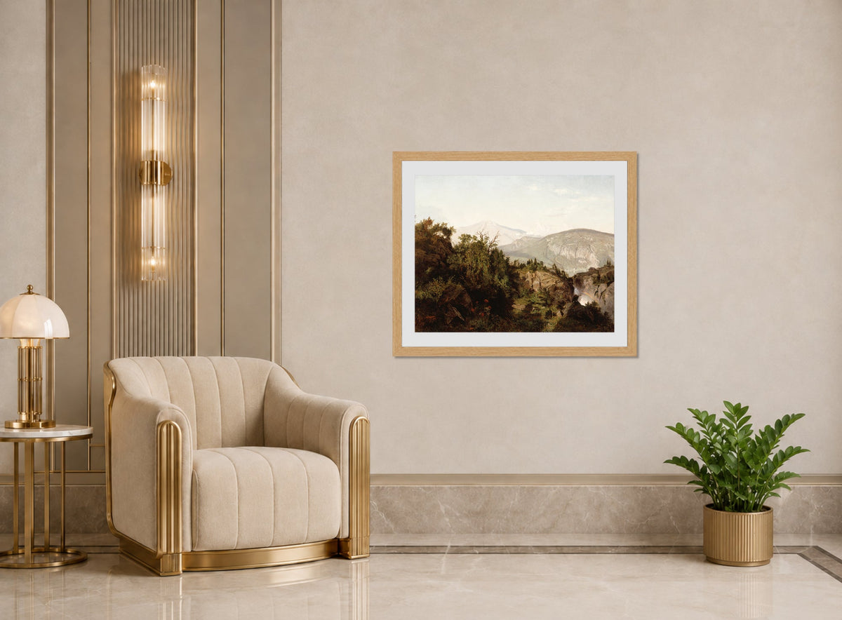 William Trost Richards Print, In the Adirondack Mountains (1857) displayed in an Art Deco interior