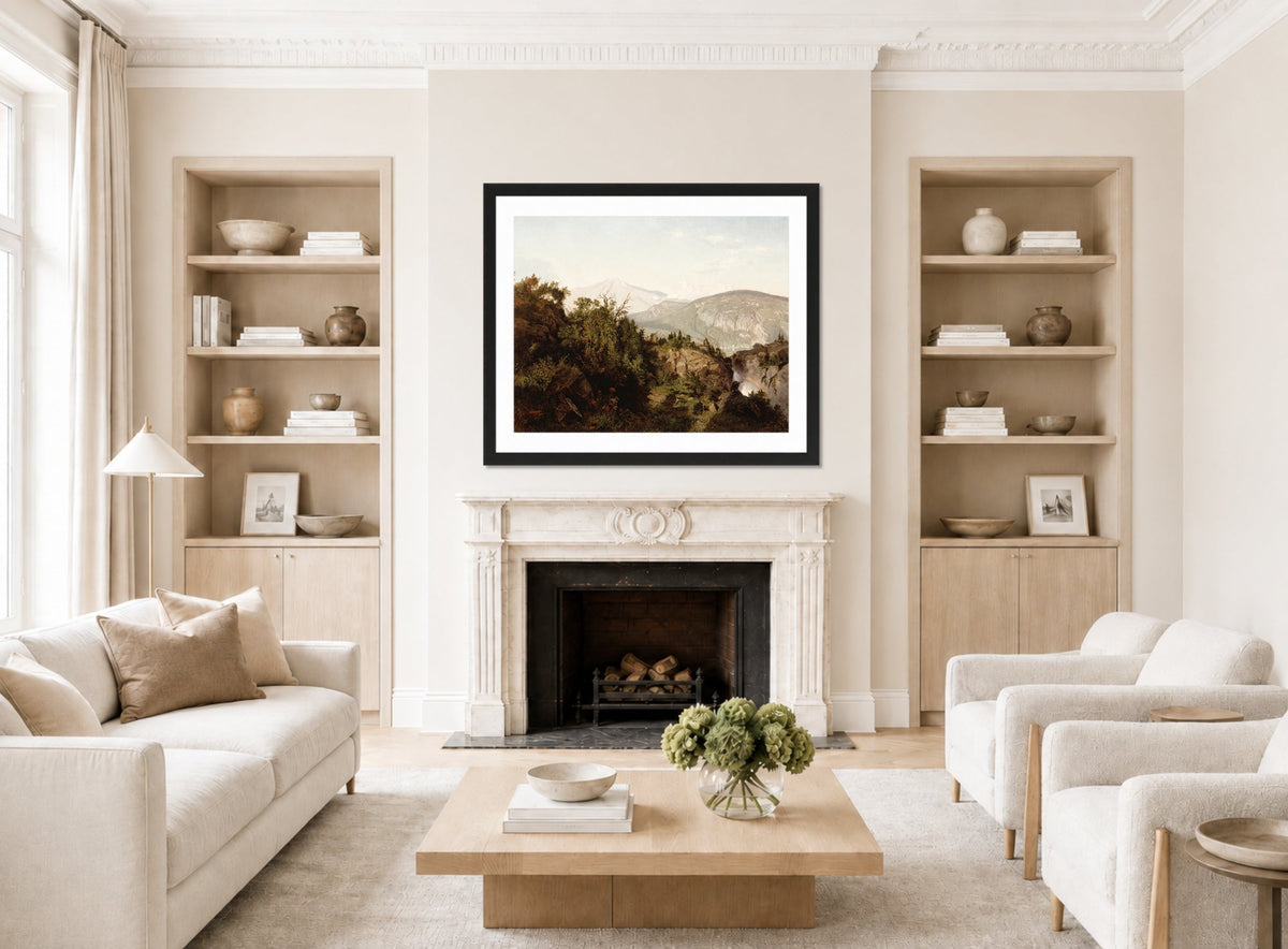 William Trost Richards Print, In the Adirondack Mountains (1857) displayed in a Scandinavian living room