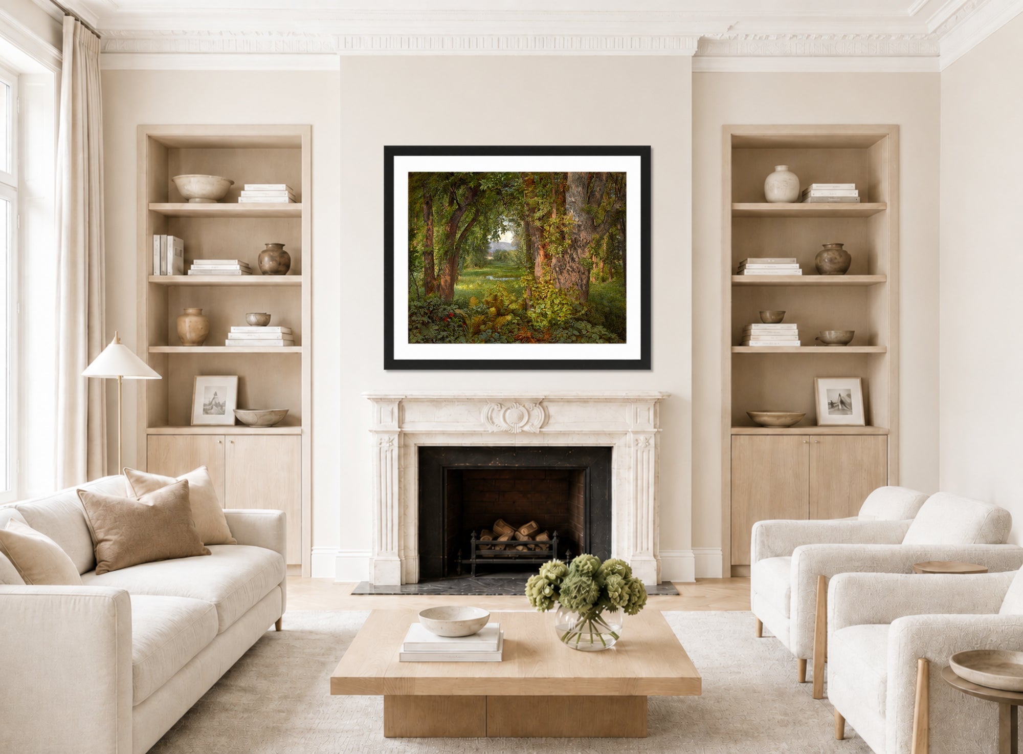William Trost Richards Print, In the Woods (1860) displayed in a Scandinavian living room