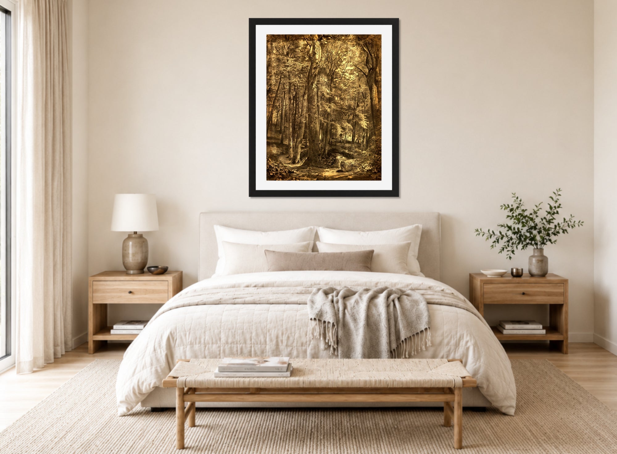 William Trost Richards Print, In The Woods (1864) displayed above a bed