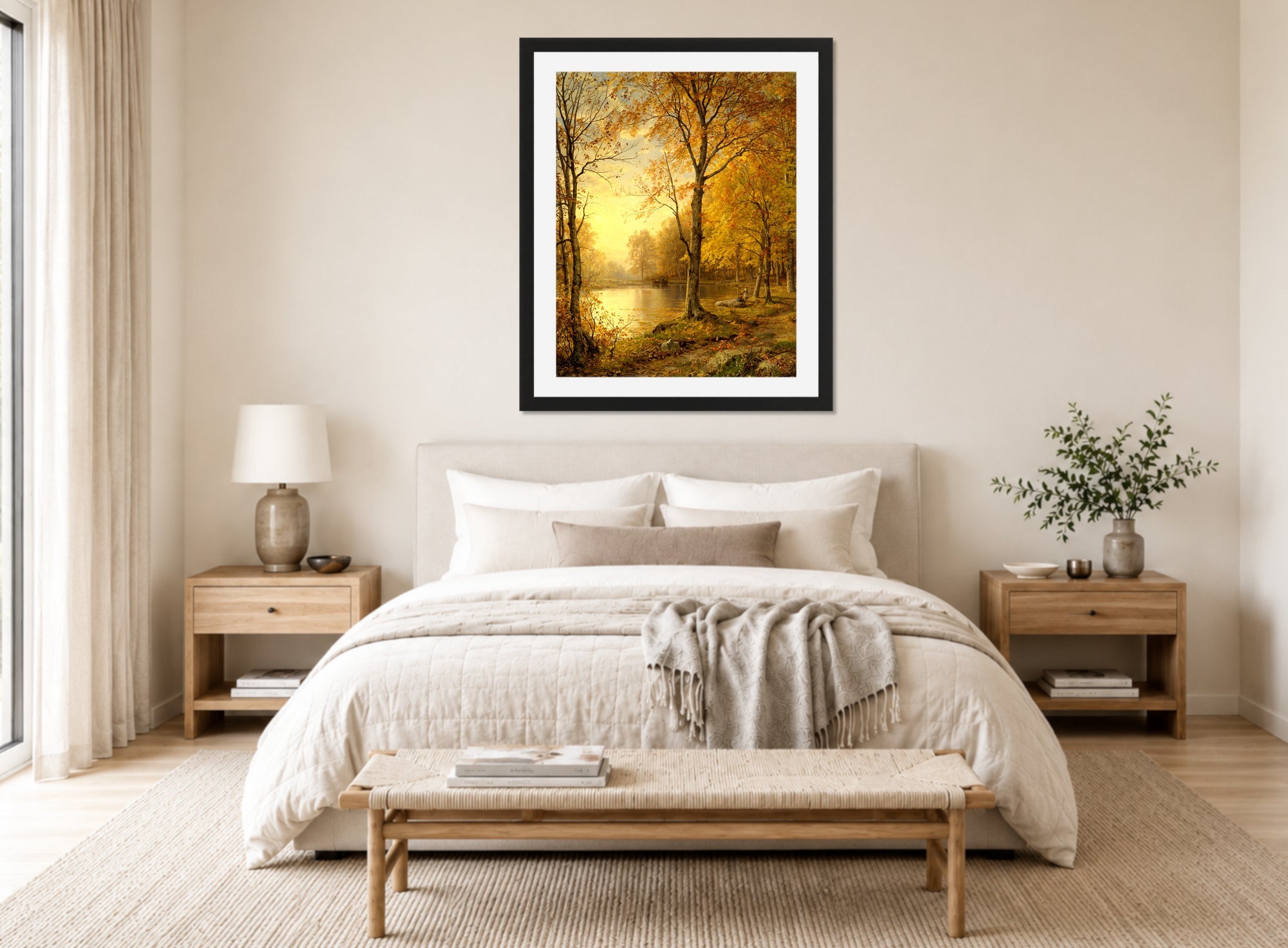 William Trost Richards Print, Indian Summer (1875) displayed above a bed