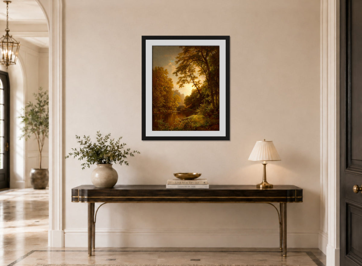 William Trost Richards Print, June Day (1870) displayed above a console table