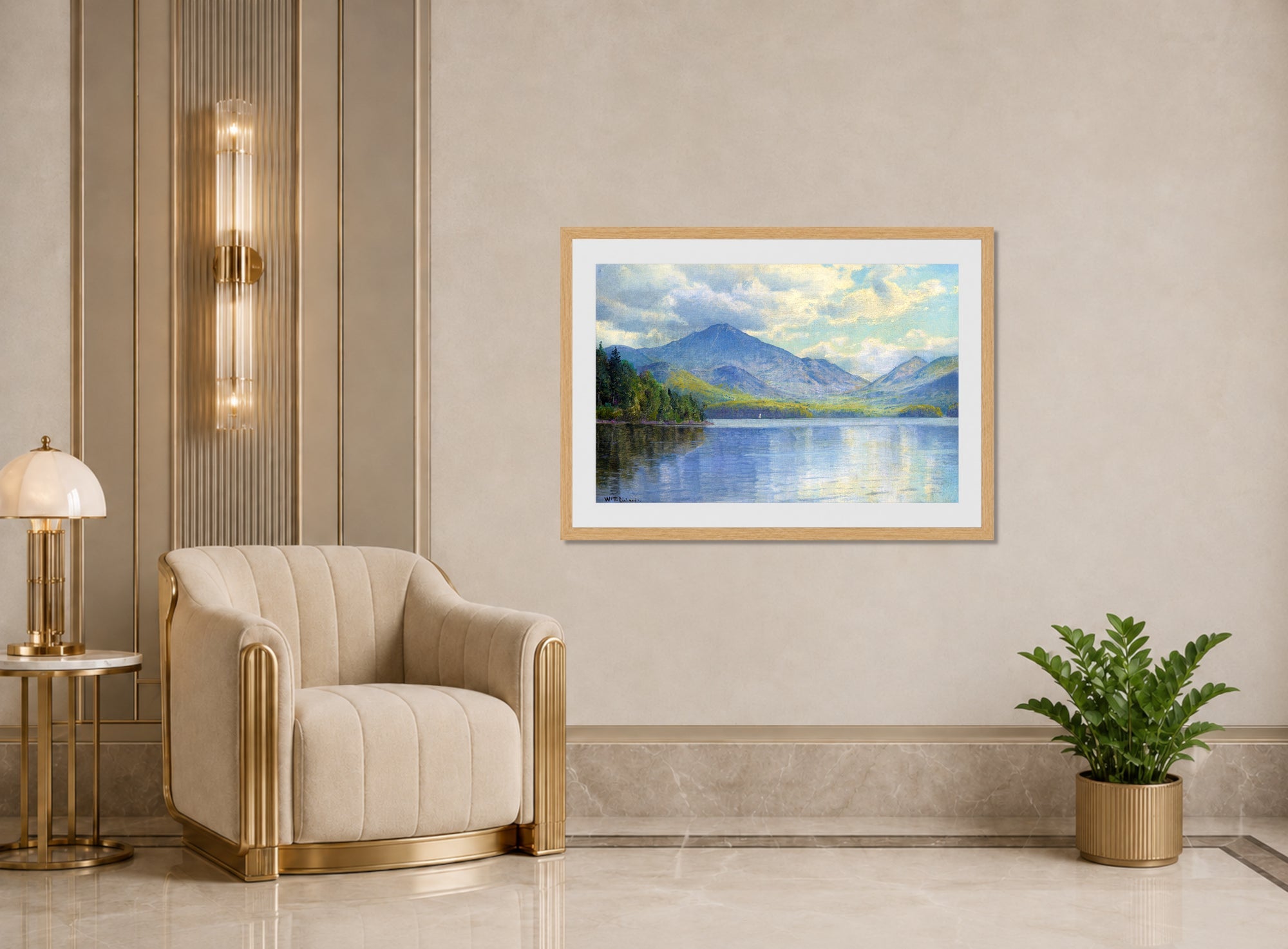 William Trost Richards Print, Lake Placid, Adirondack Mountains displayed in an Art Deco interior