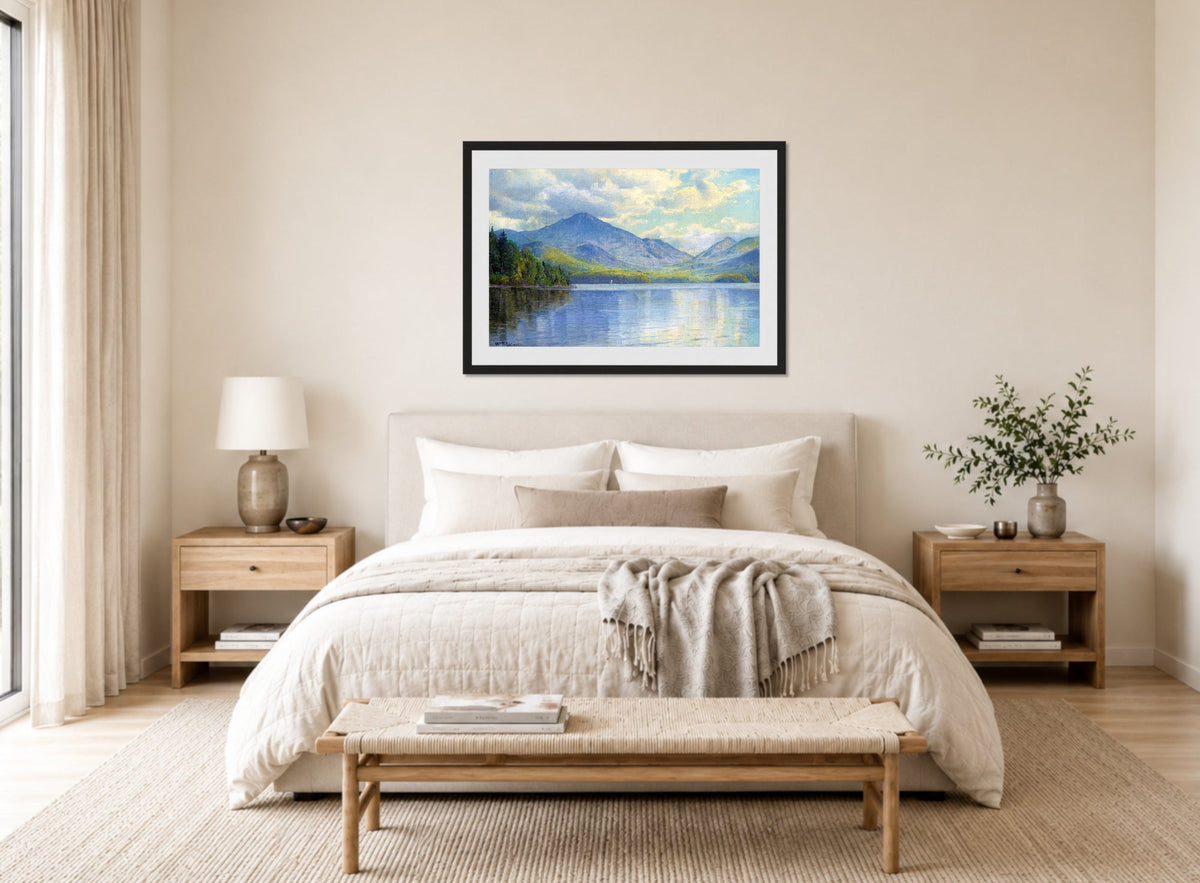 William Trost Richards Print, Lake Placid, Adirondack Mountains displayed above a bed