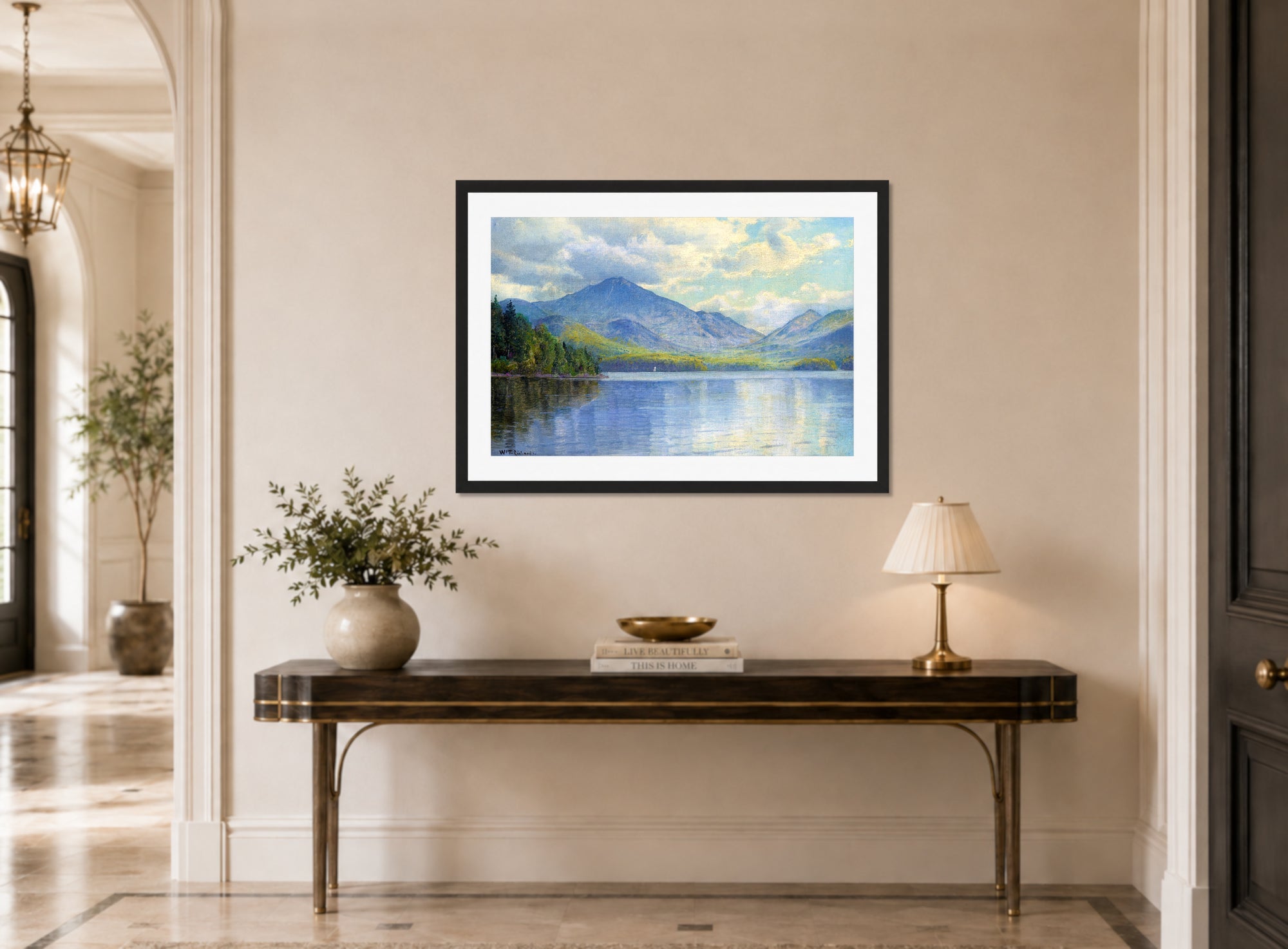 William Trost Richards Print, Lake Placid, Adirondack Mountains displayed above a console table