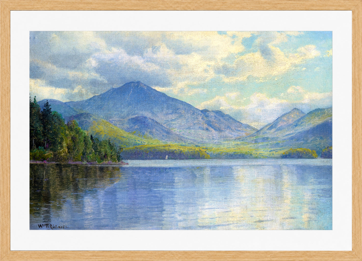 William Trost Richards Print, Lake Placid, Adirondack Mountains in a light oak frame