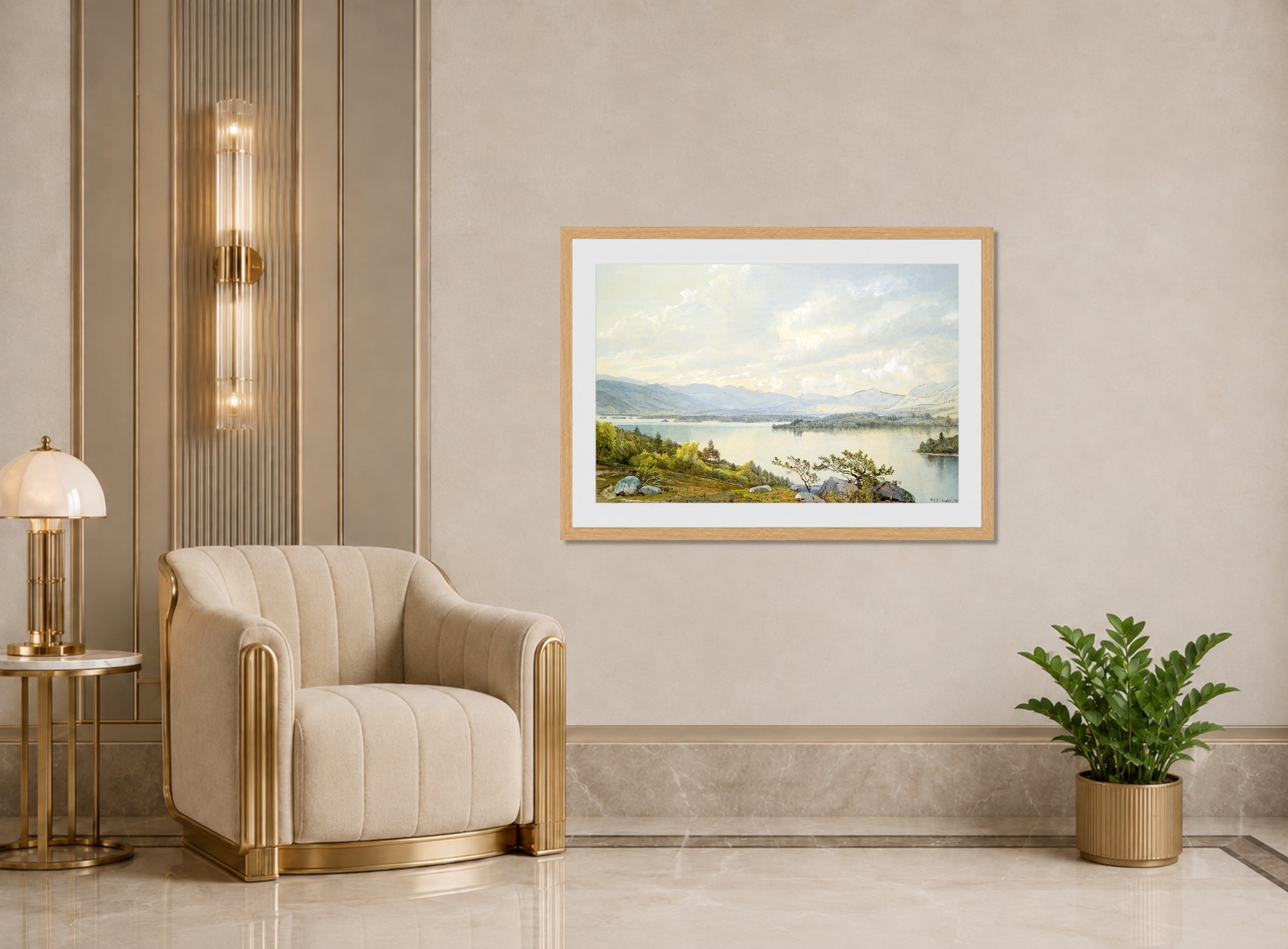 William Trost Richards Print, Lake Squam and the Sandwich Mountains (1872) displayed in an Art Deco interior