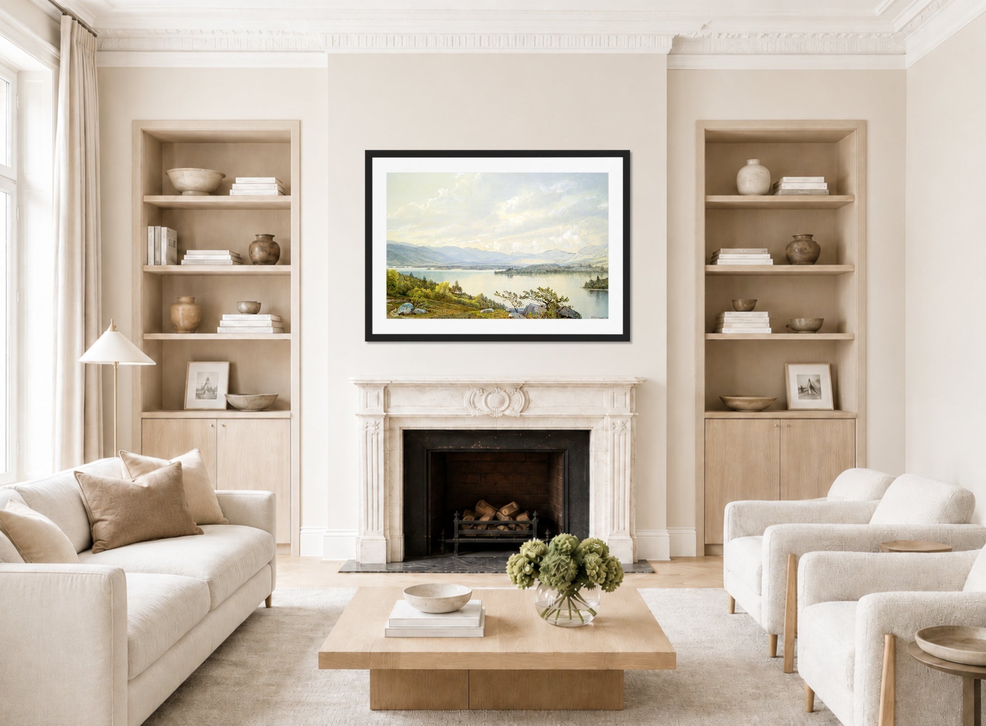 William Trost Richards Print, Lake Squam and the Sandwich Mountains (1872) displayed in a Scandinavian living room