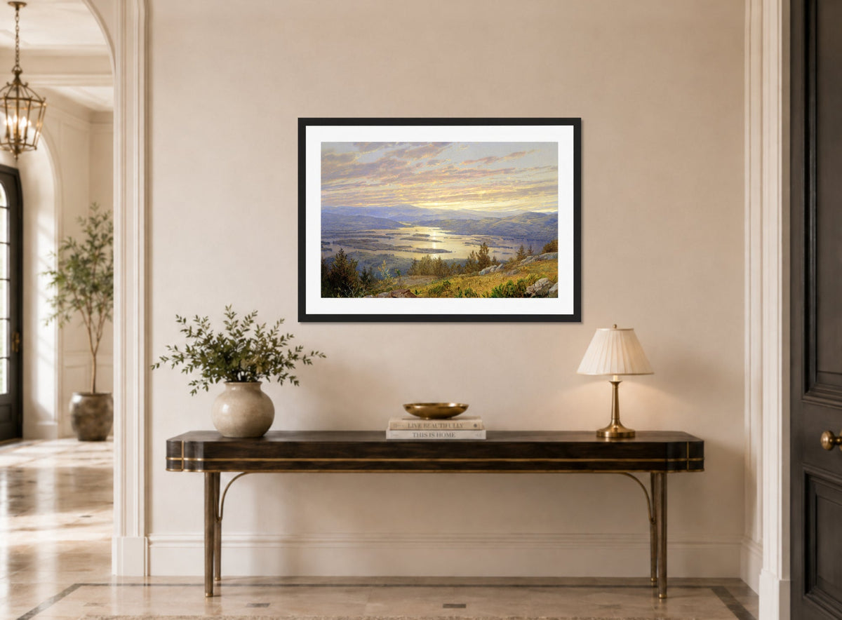 William Trost Richards Print, Lake Squam from Red Hill (1874) displayed above a console table