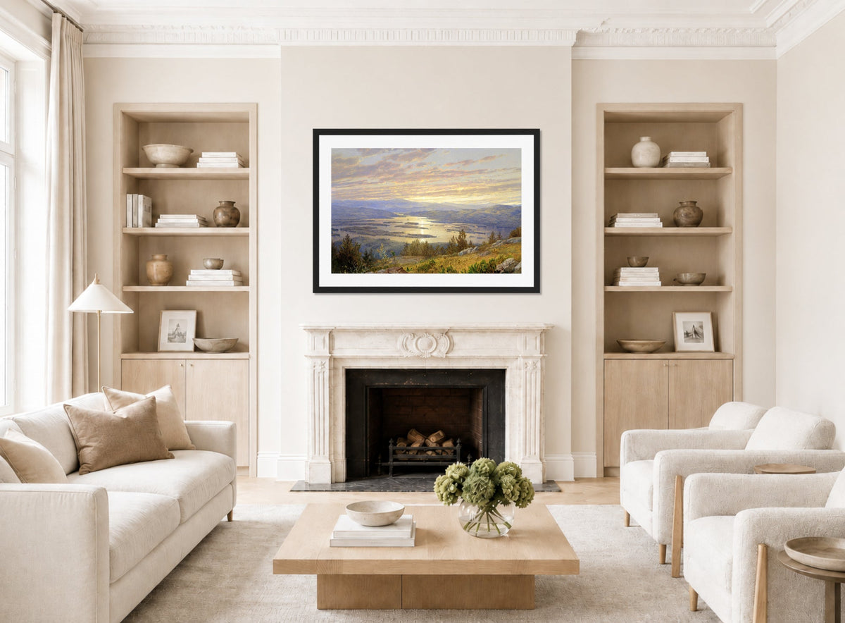 William Trost Richards Print, Lake Squam from Red Hill (1874) displayed in a Scandinavian living room