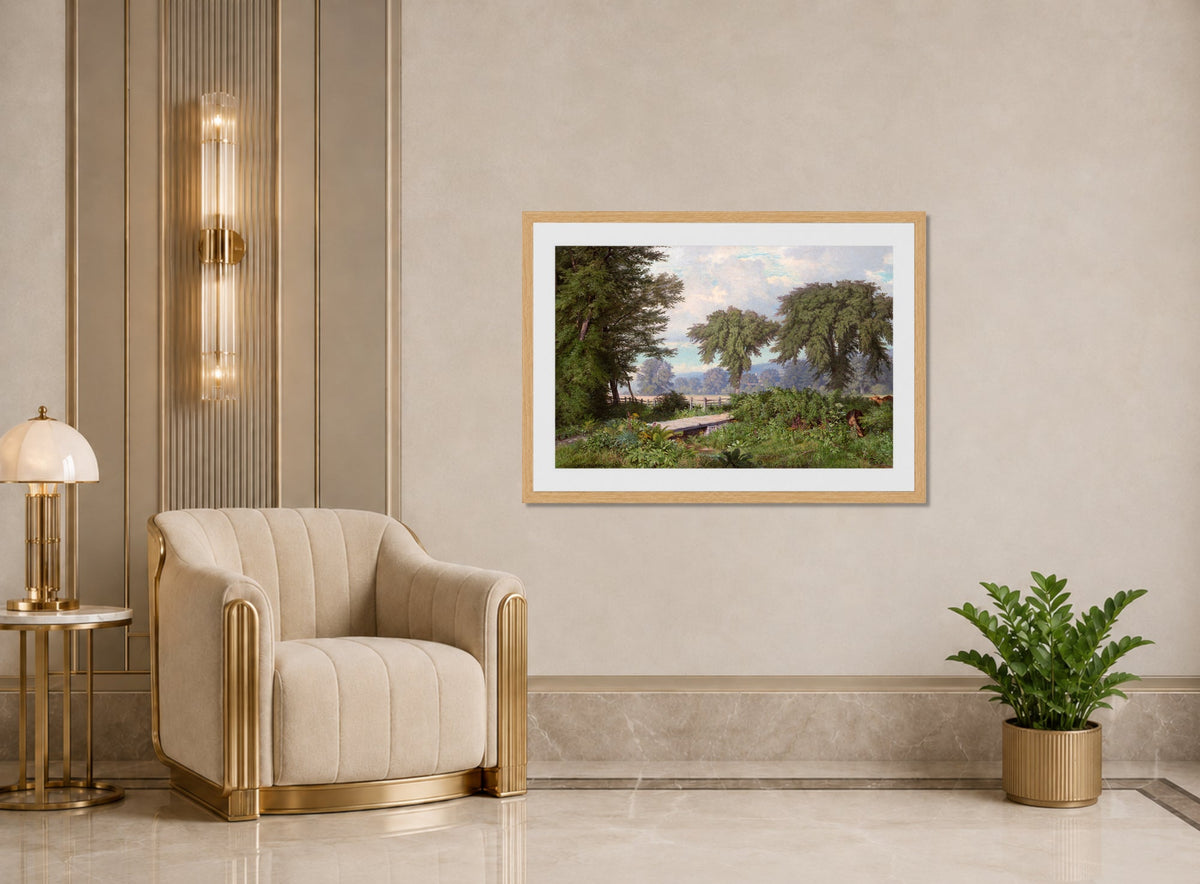 William Trost Richards Print, Landscape (1860) displayed in an Art Deco interior