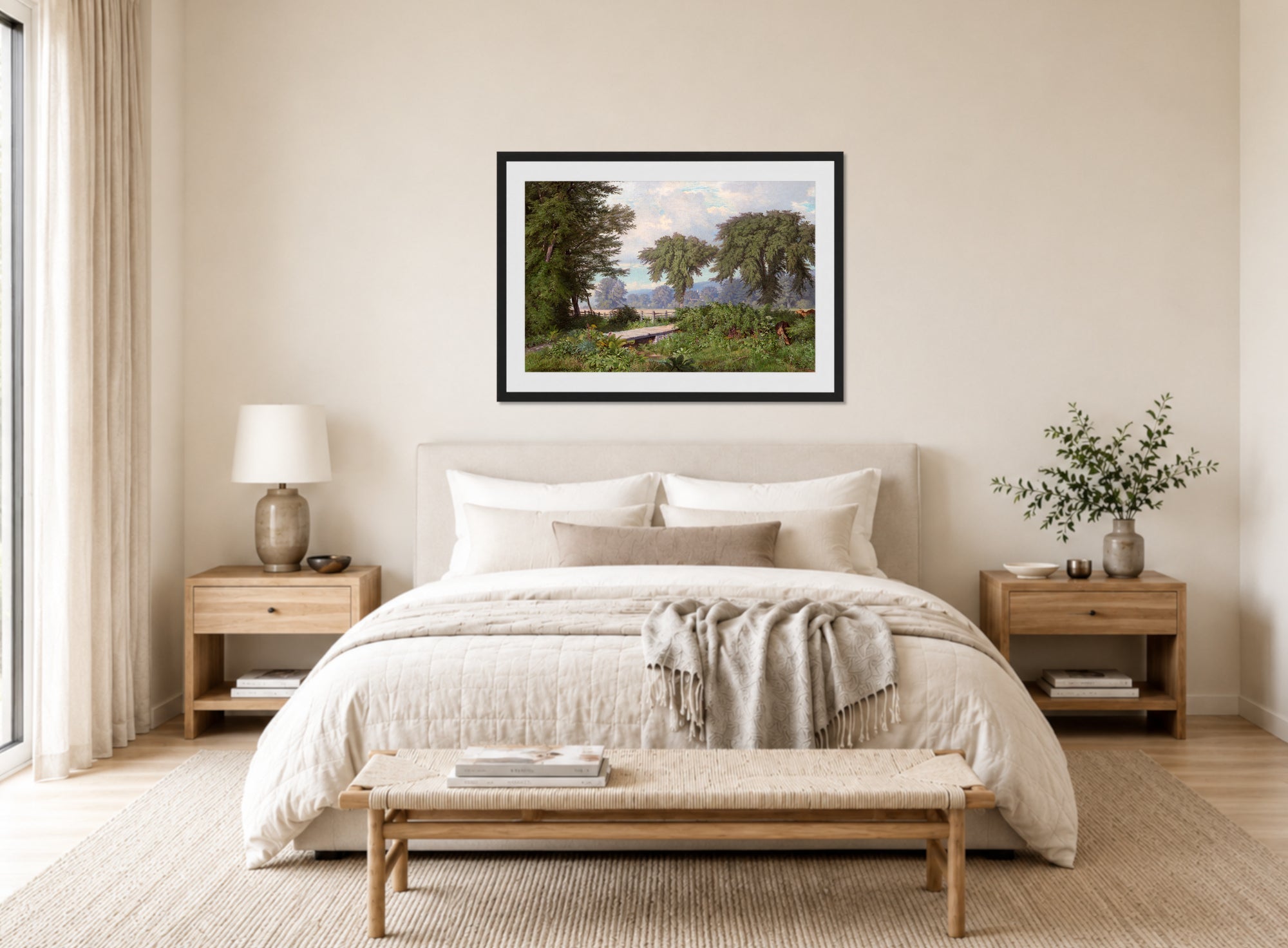 William Trost Richards Print, Landscape (1860) displayed above a bed