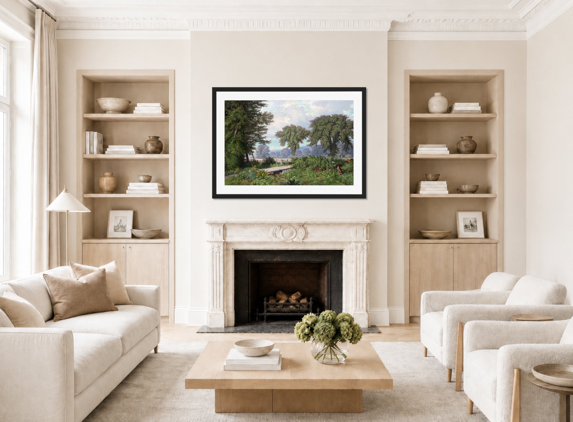 William Trost Richards Print, Landscape (1860) displayed in a Scandinavian living room