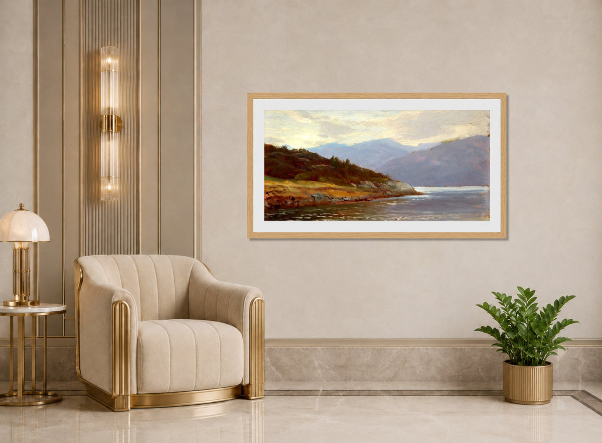 William Trost Richards Print, Looking Westward, Norway (Lake Scene) displayed in an Art Deco interior