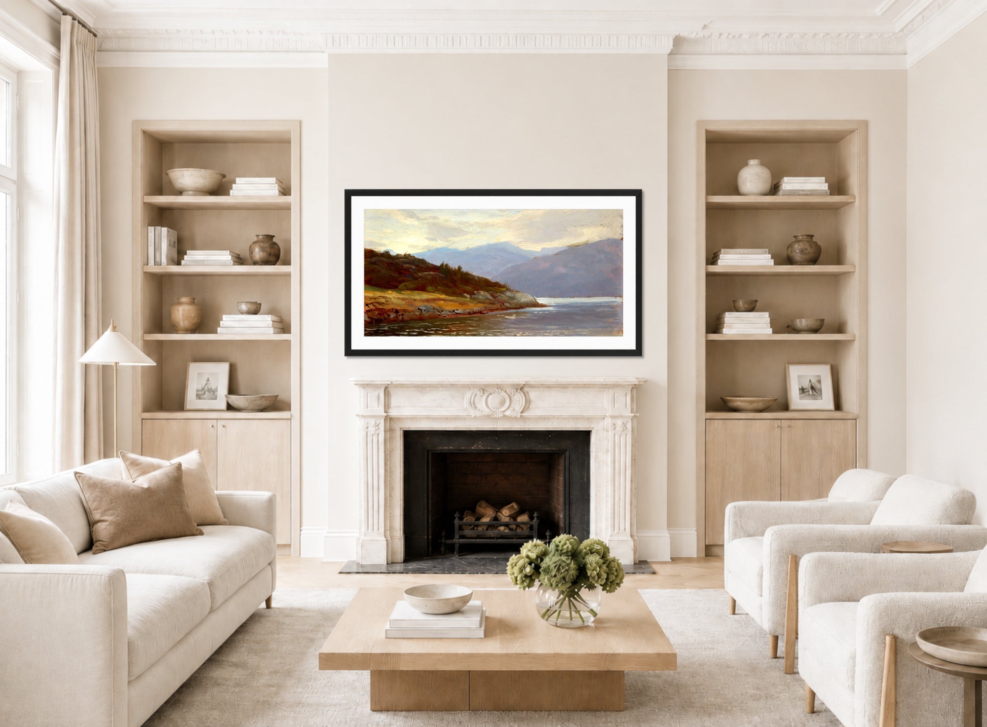 William Trost Richards Print, Looking Westward, Norway (Lake Scene) displayed in a Scandinavian living room