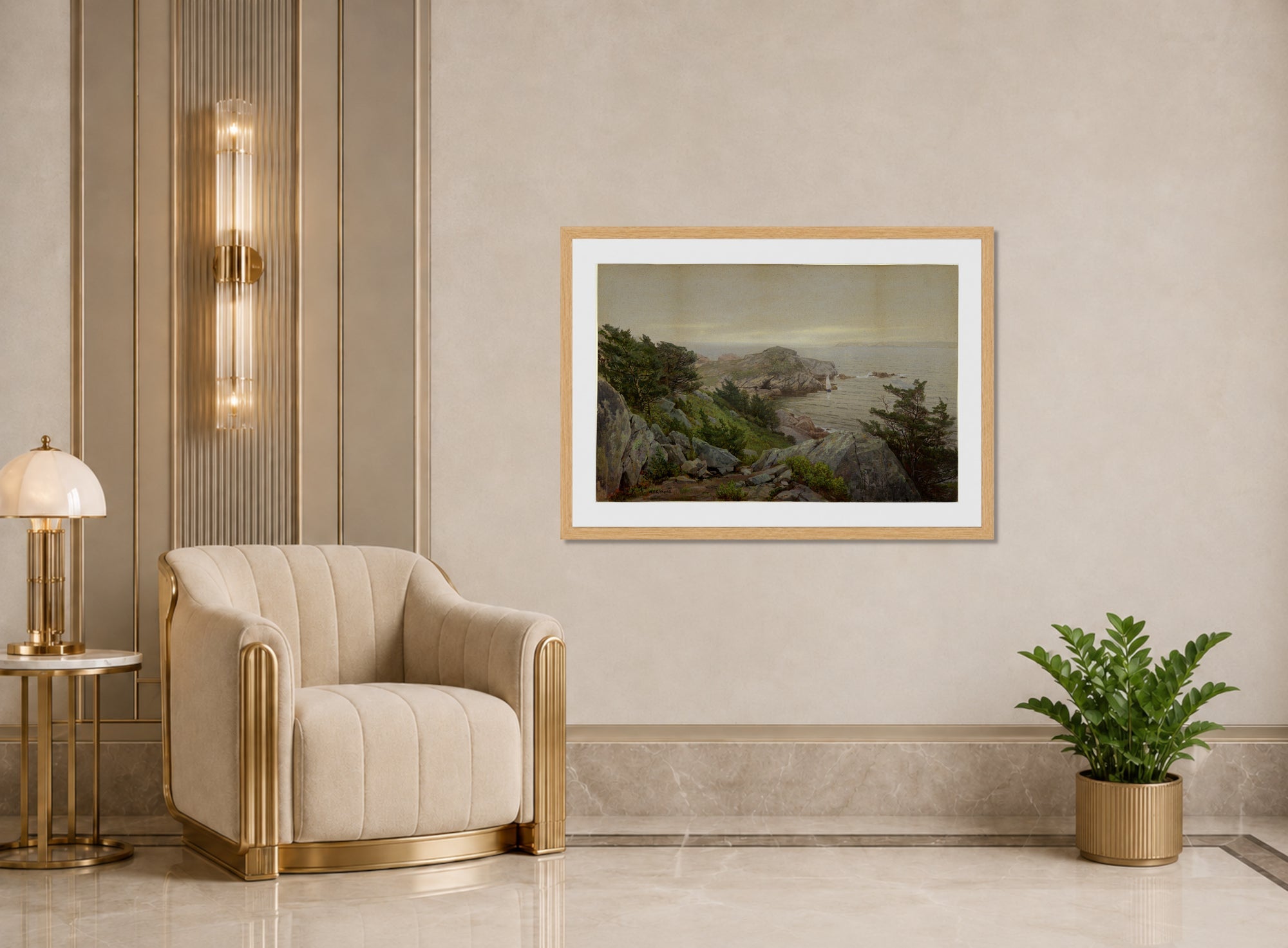 William Trost Richards Print, Mackerel Cove (1877) displayed in an Art Deco interior