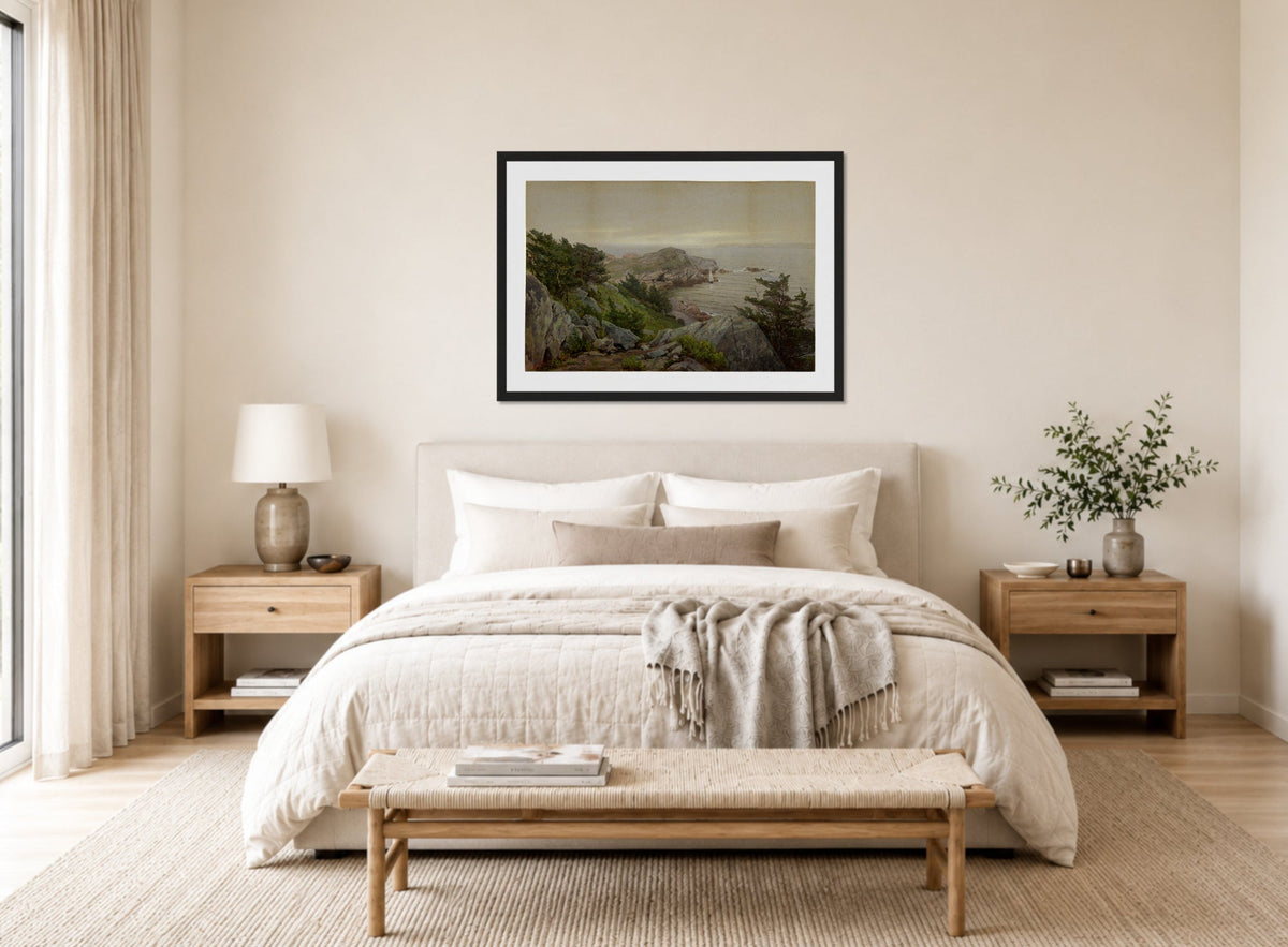 William Trost Richards Print, Mackerel Cove (1877) displayed above a bed