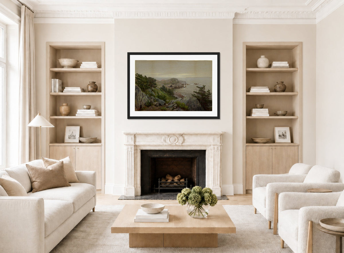 William Trost Richards Print, Mackerel Cove (1877) displayed in a Scandinavian living room