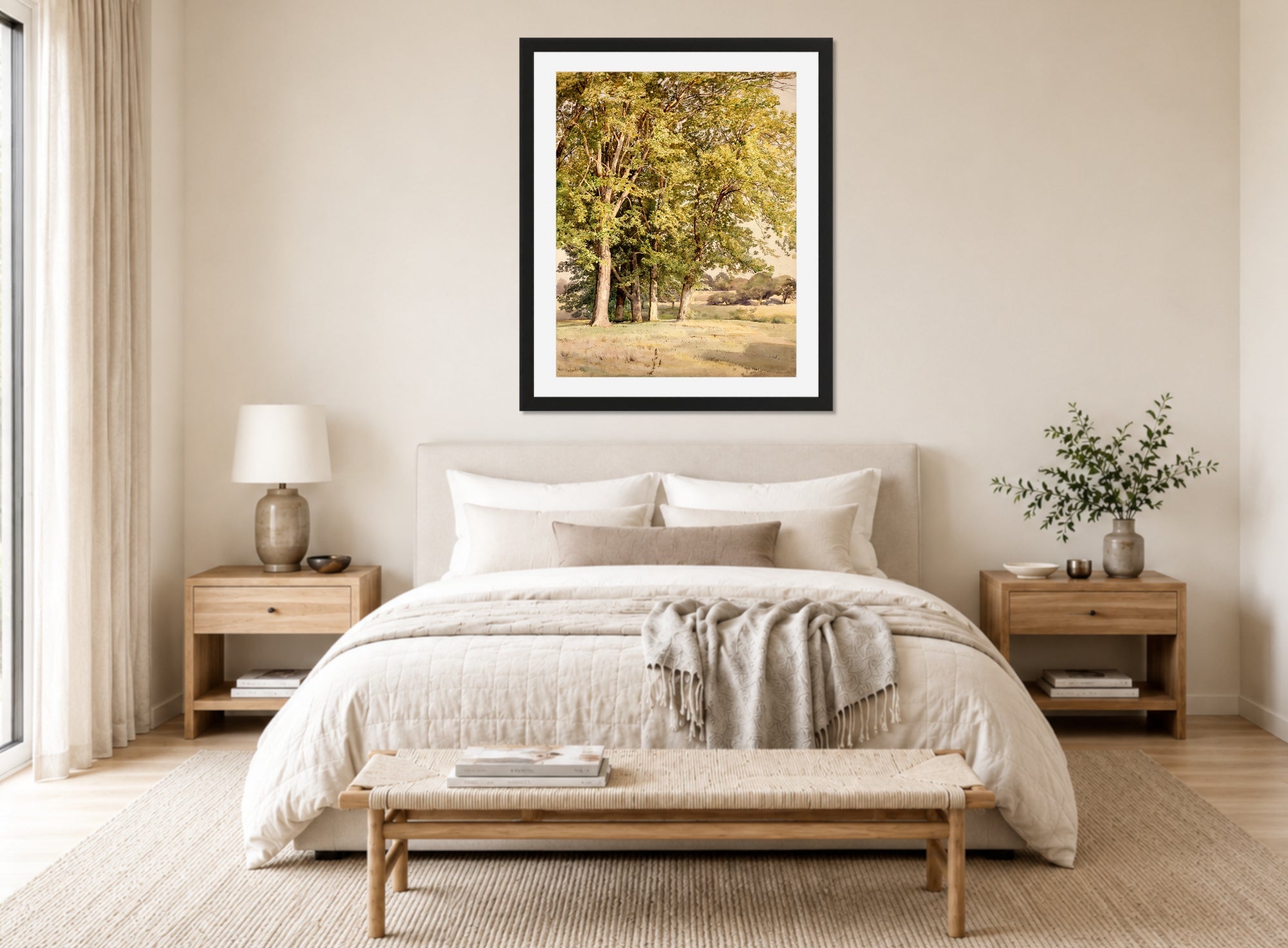 William Trost Richards Print, Maples in Chester County, Pennsylvania (1889) displayed above a bed