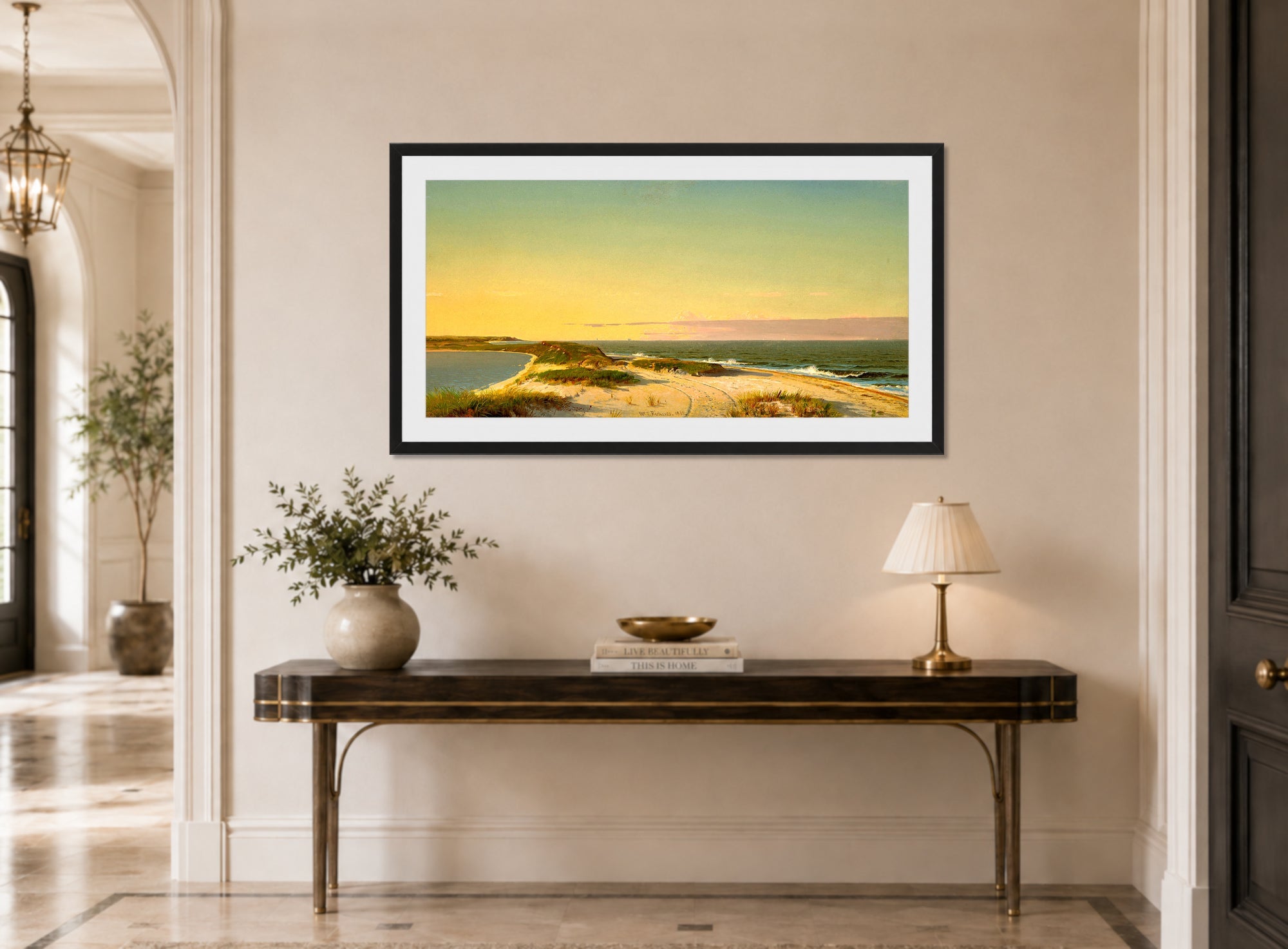 William Trost Richards Print, Nantucket Shore (1865) displayed above a console table
