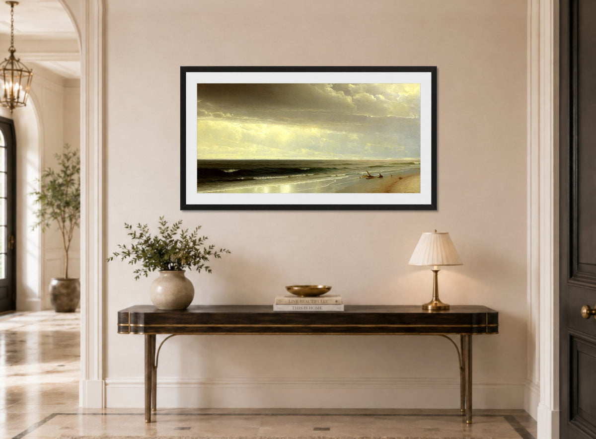 William Trost Richards Print, New Jersey Shore (1873) displayed above a console table