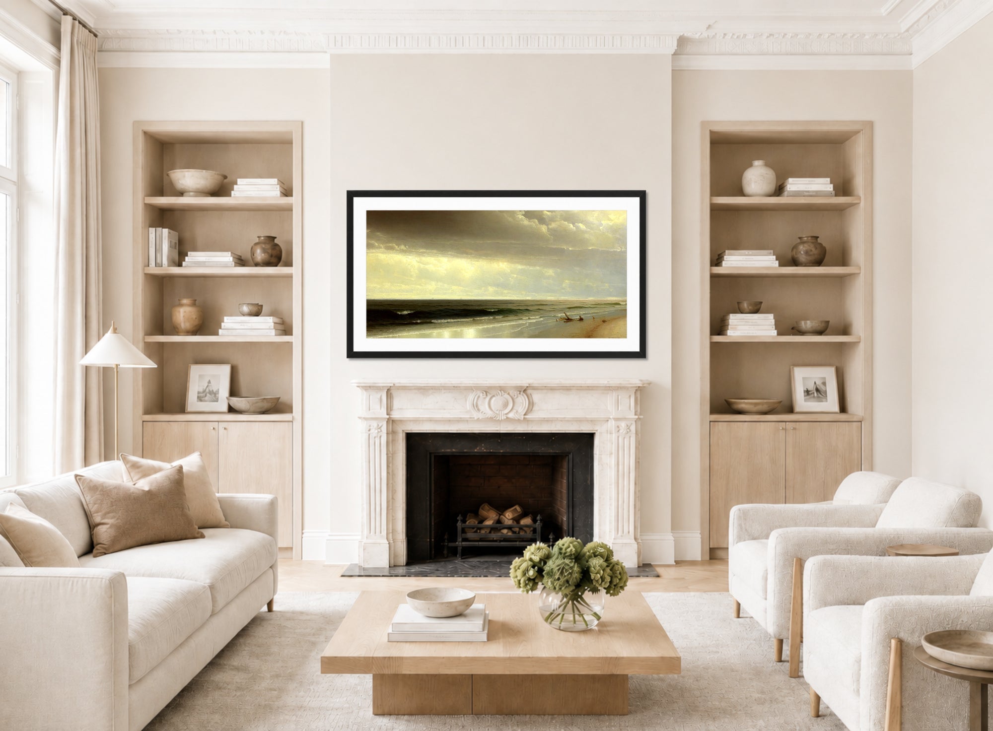 William Trost Richards Print, New Jersey Shore (1873) displayed in a Scandinavian living room