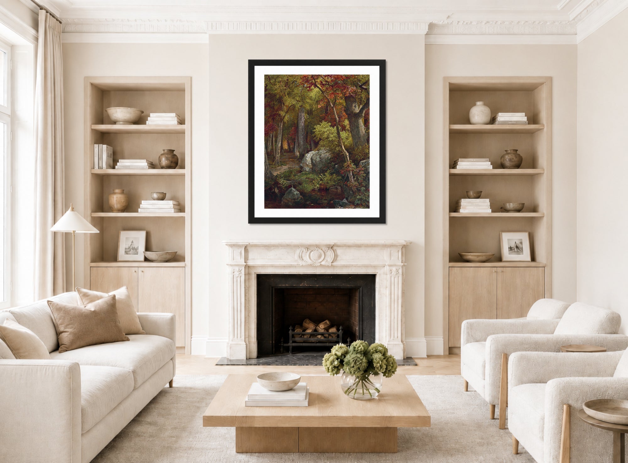 William Trost Richards Print, October (1863) displayed in a Scandinavian living room