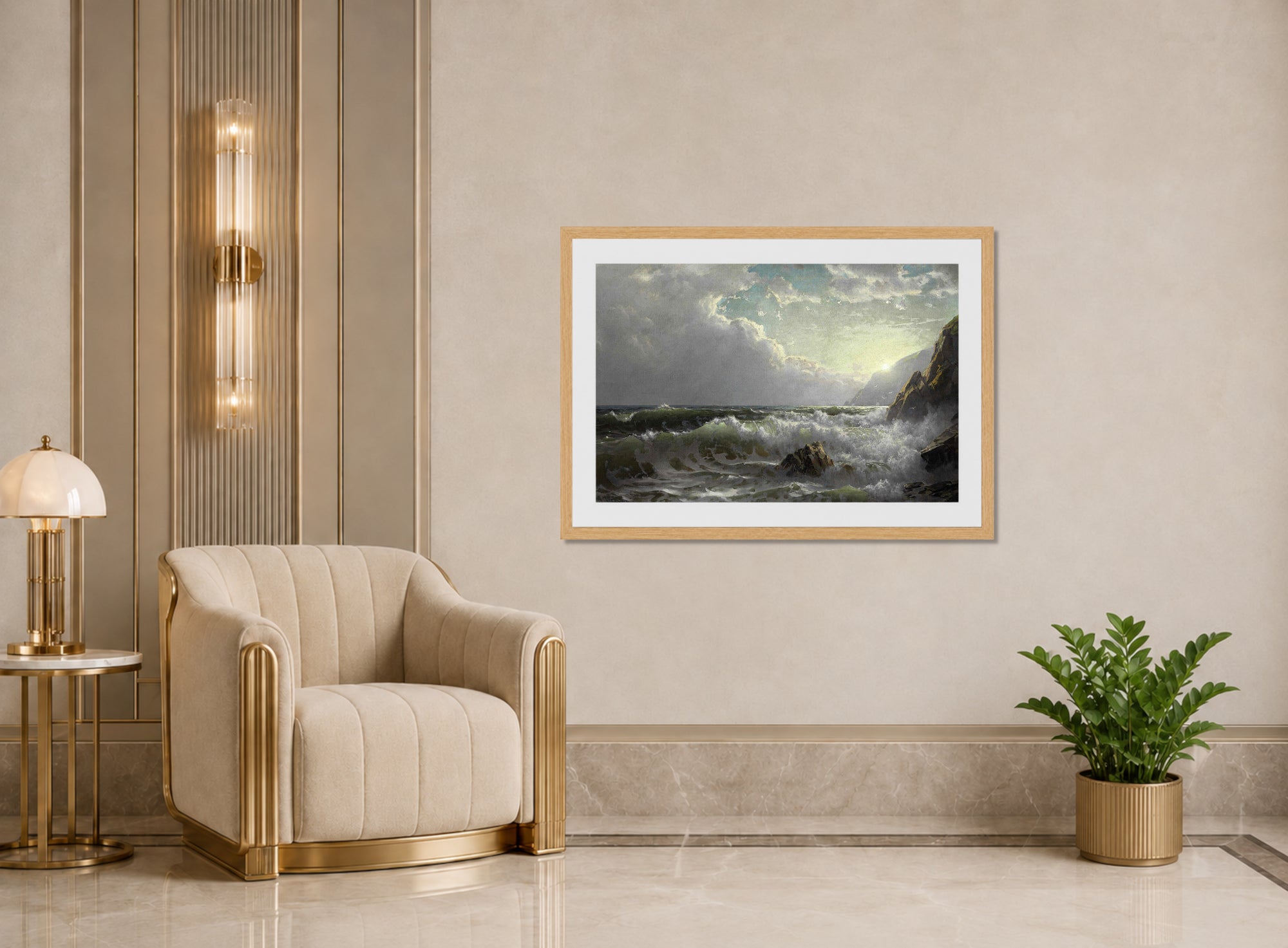 William Trost Richards Print, Off the Coast of Cornwall (1904) displayed in an Art Deco interior