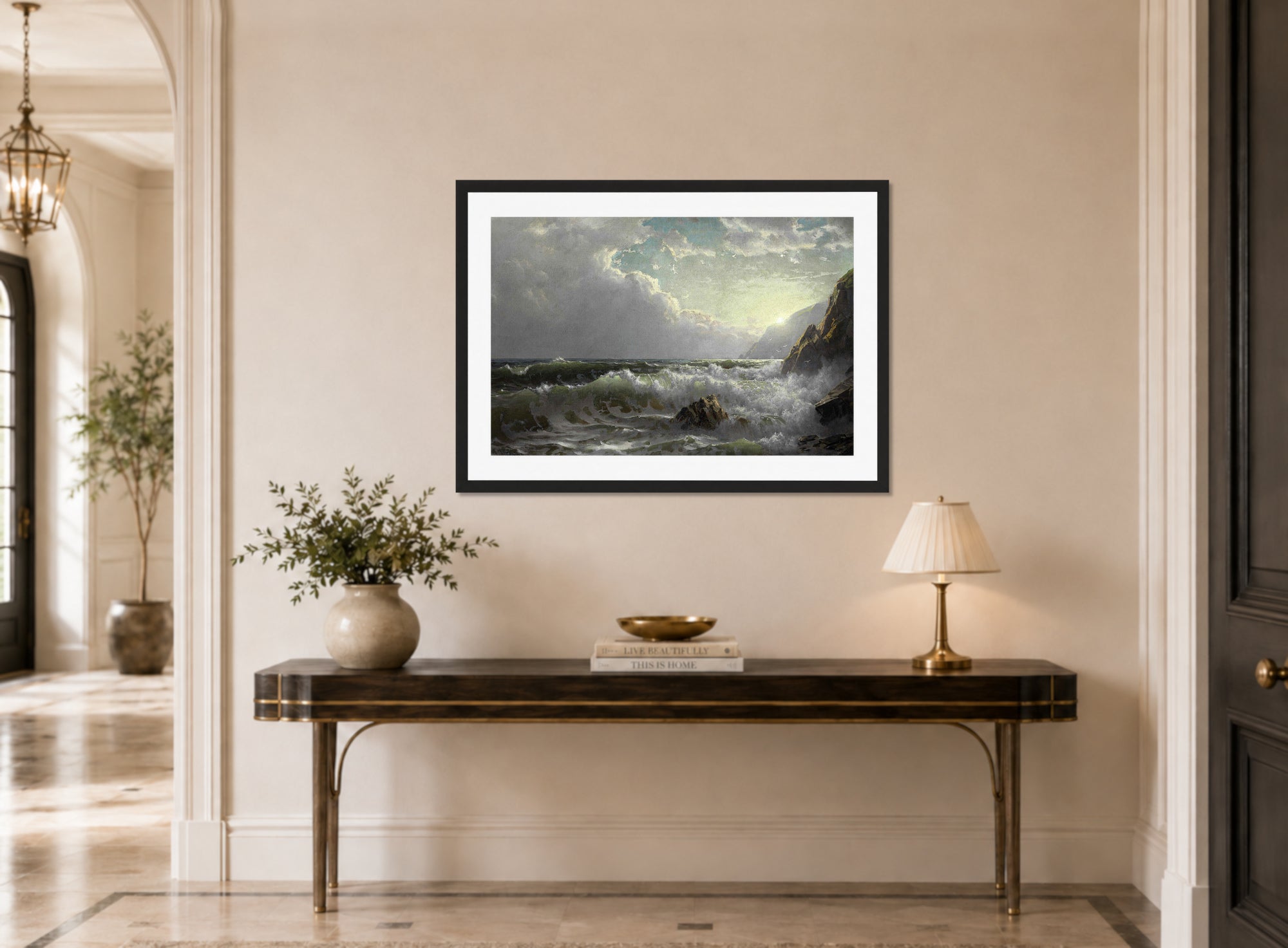 William Trost Richards Print, Off the Coast of Cornwall (1904) displayed above a console table
