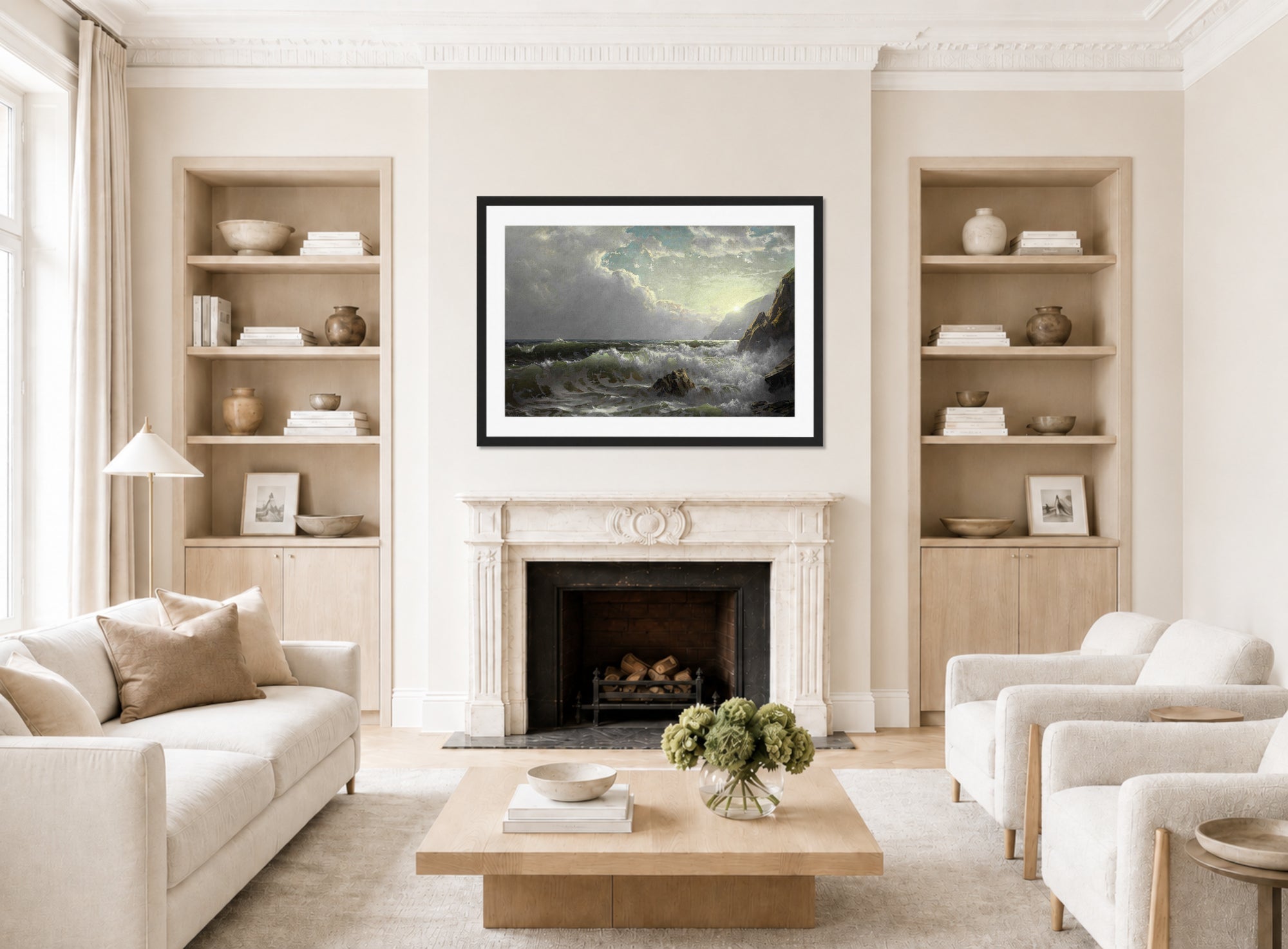 William Trost Richards Print, Off the Coast of Cornwall (1904) displayed in a Scandinavian living room