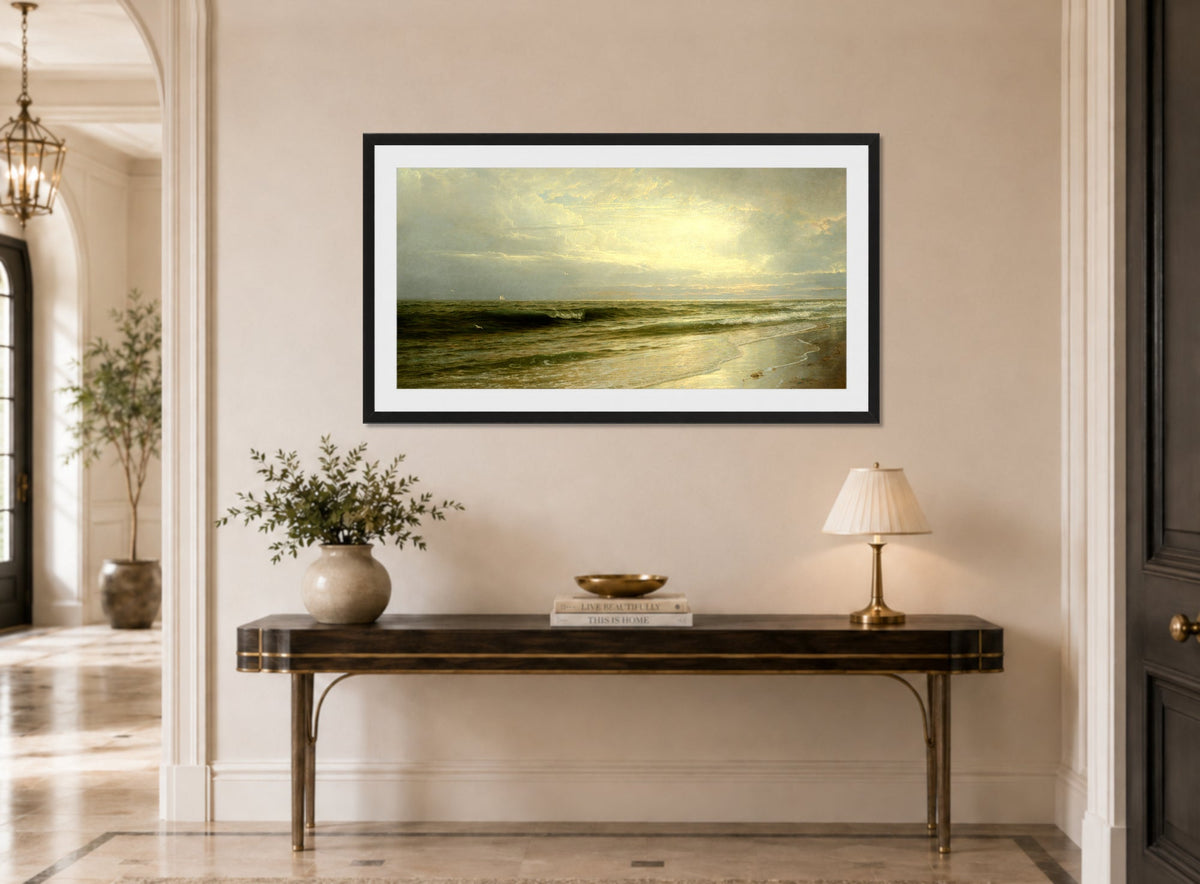 William Trost Richards Print, On the Coast of New Jersey (1883) displayed above a console table