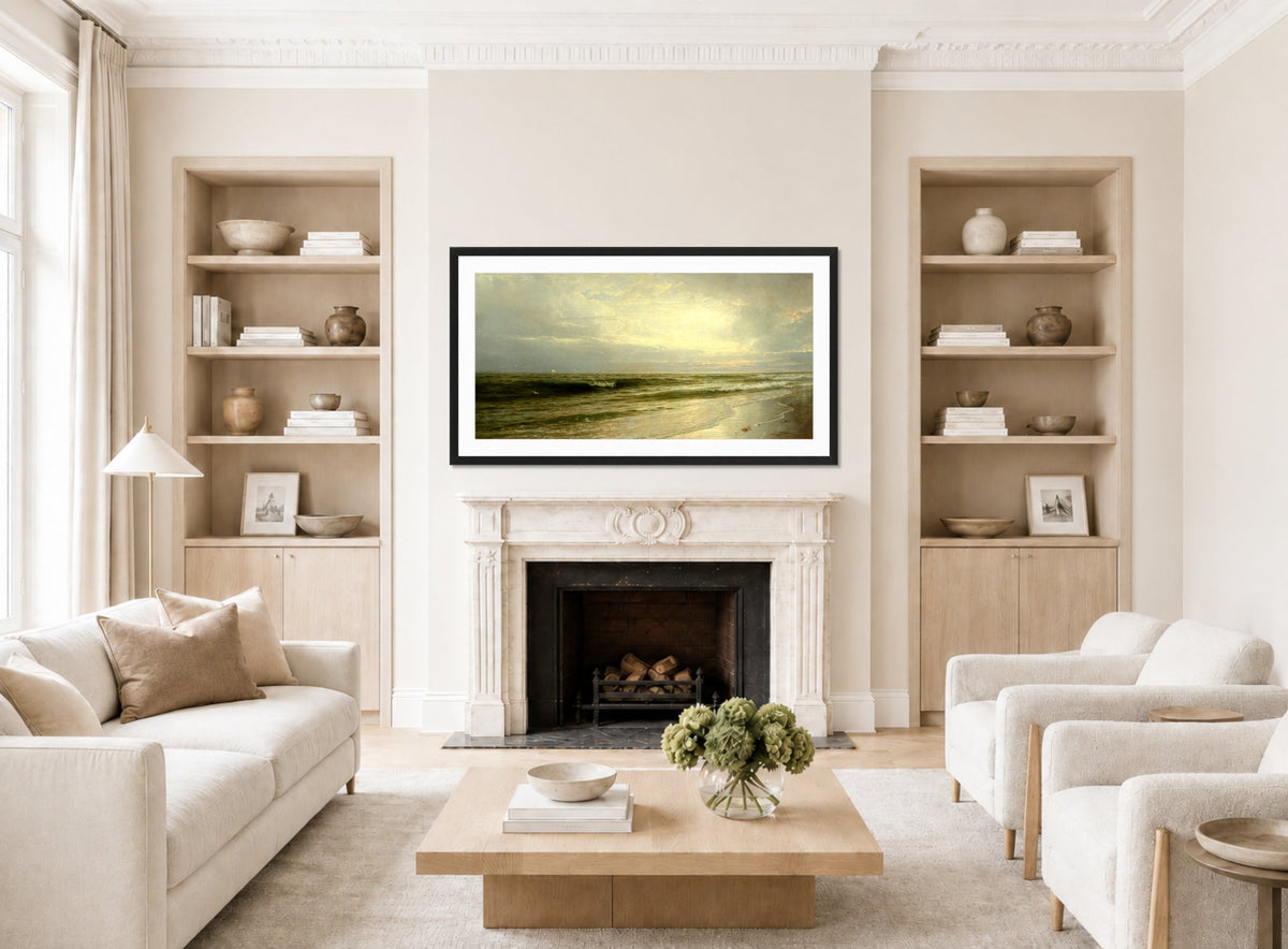 William Trost Richards Print, On the Coast of New Jersey (1883) displayed in a Scandinavian living room