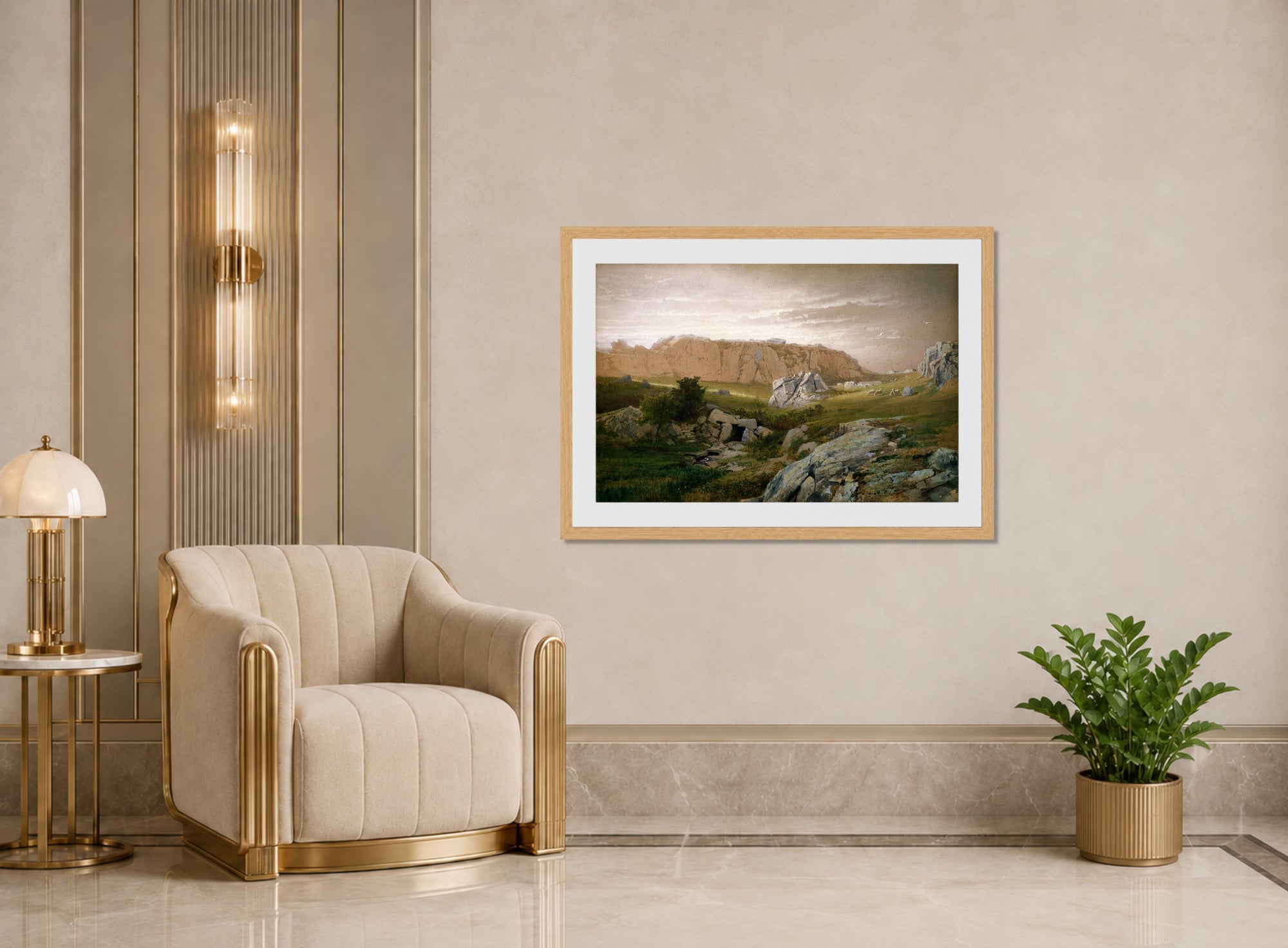 William Trost Richards Print, Paradise, Newport (1877) displayed in an Art Deco interior