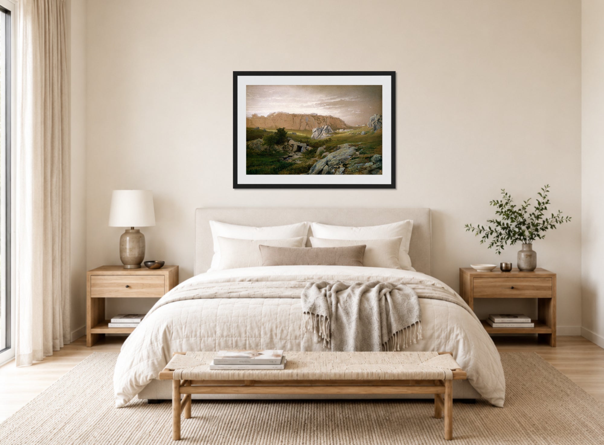 William Trost Richards Print, Paradise, Newport (1877) displayed above a bed