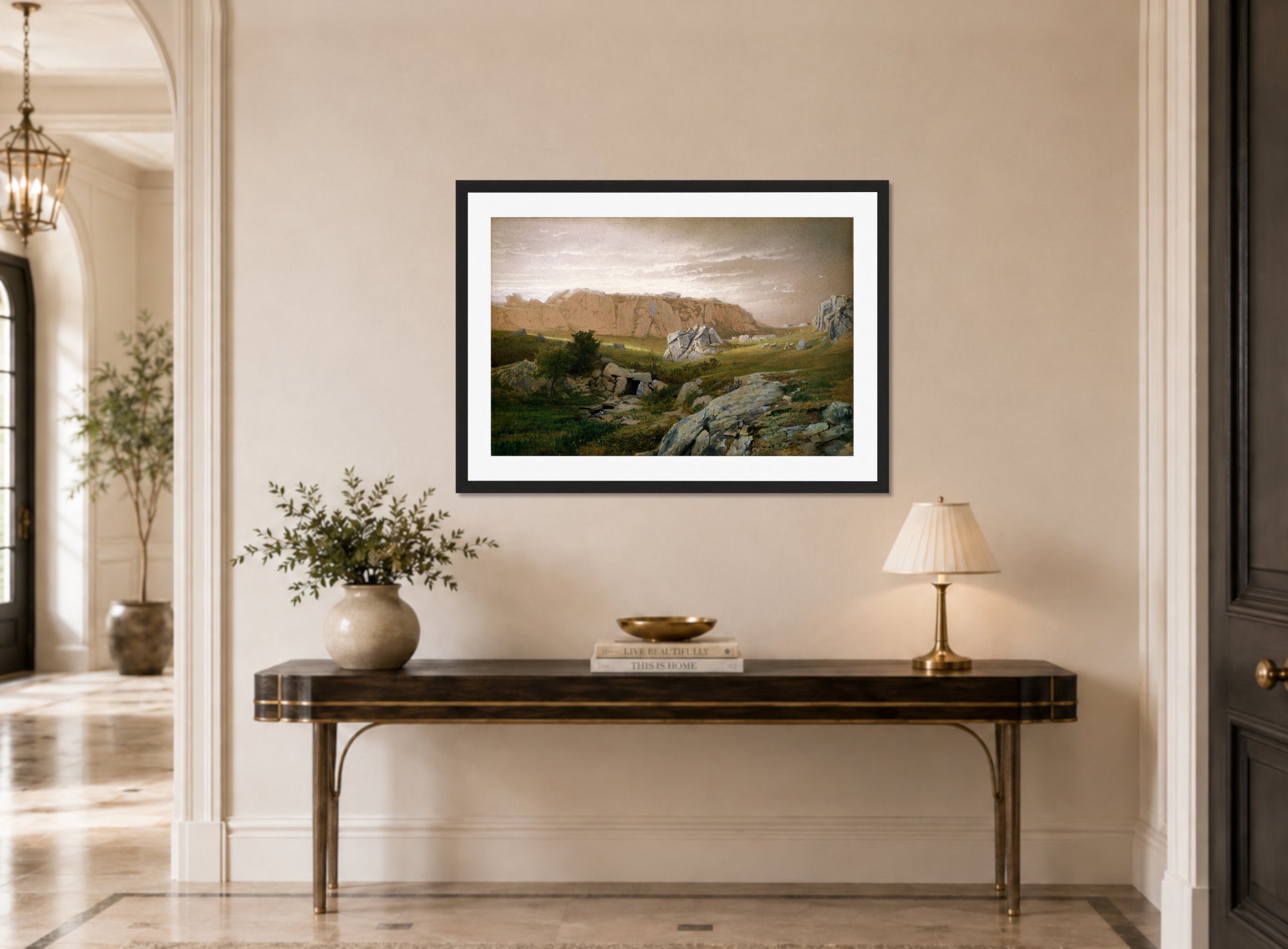 William Trost Richards Print, Paradise, Newport (1877) displayed above a console table
