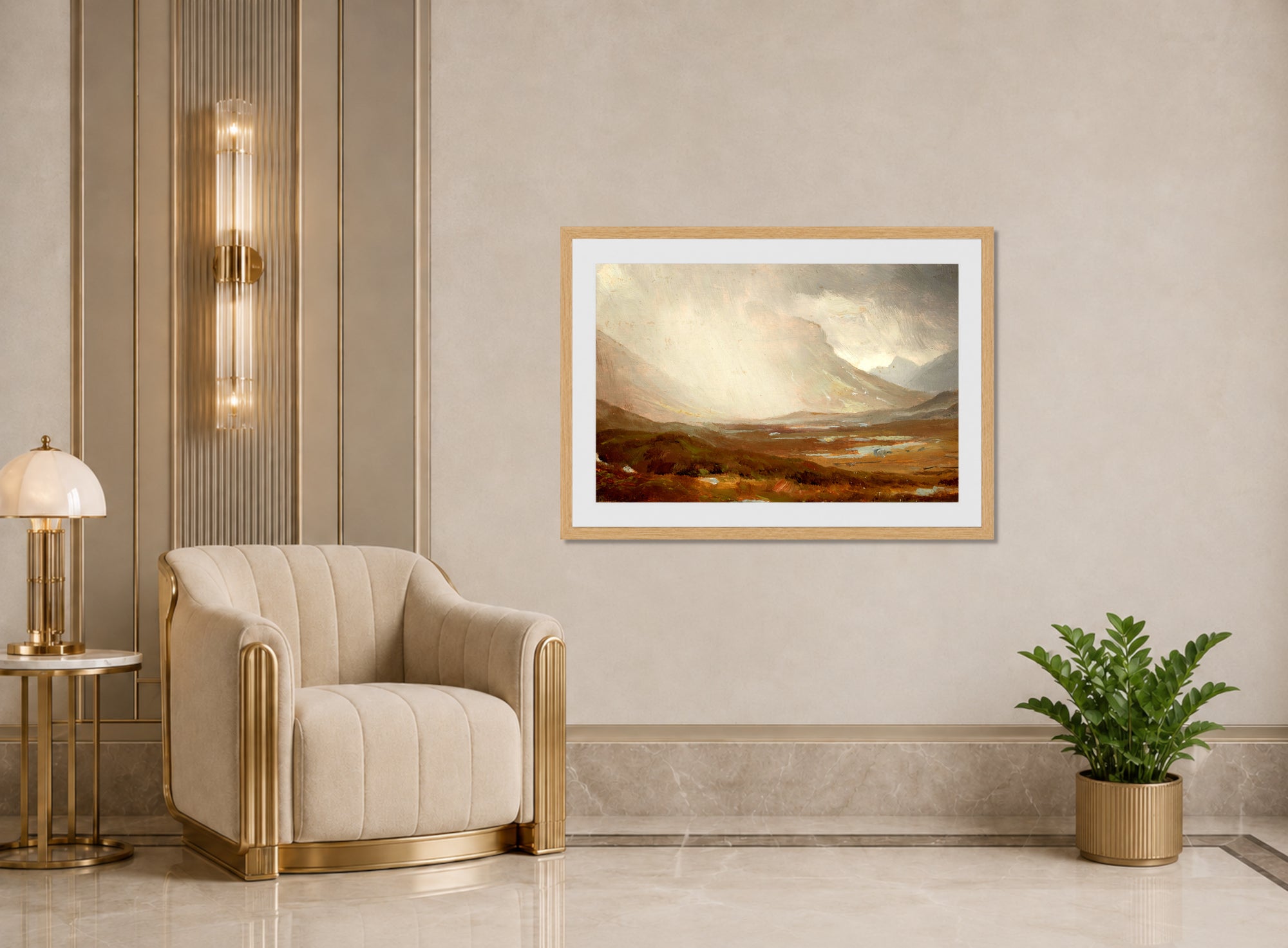 William Trost Richards Print, Passing Storm, Isle of Skye, Scotland displayed in an Art Deco interior