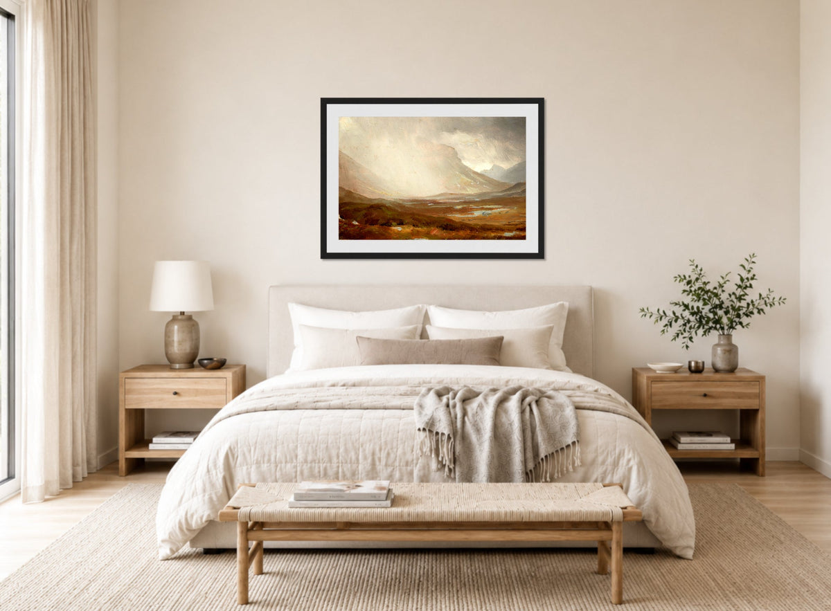 William Trost Richards Print, Passing Storm, Isle of Skye, Scotland displayed above a bed
