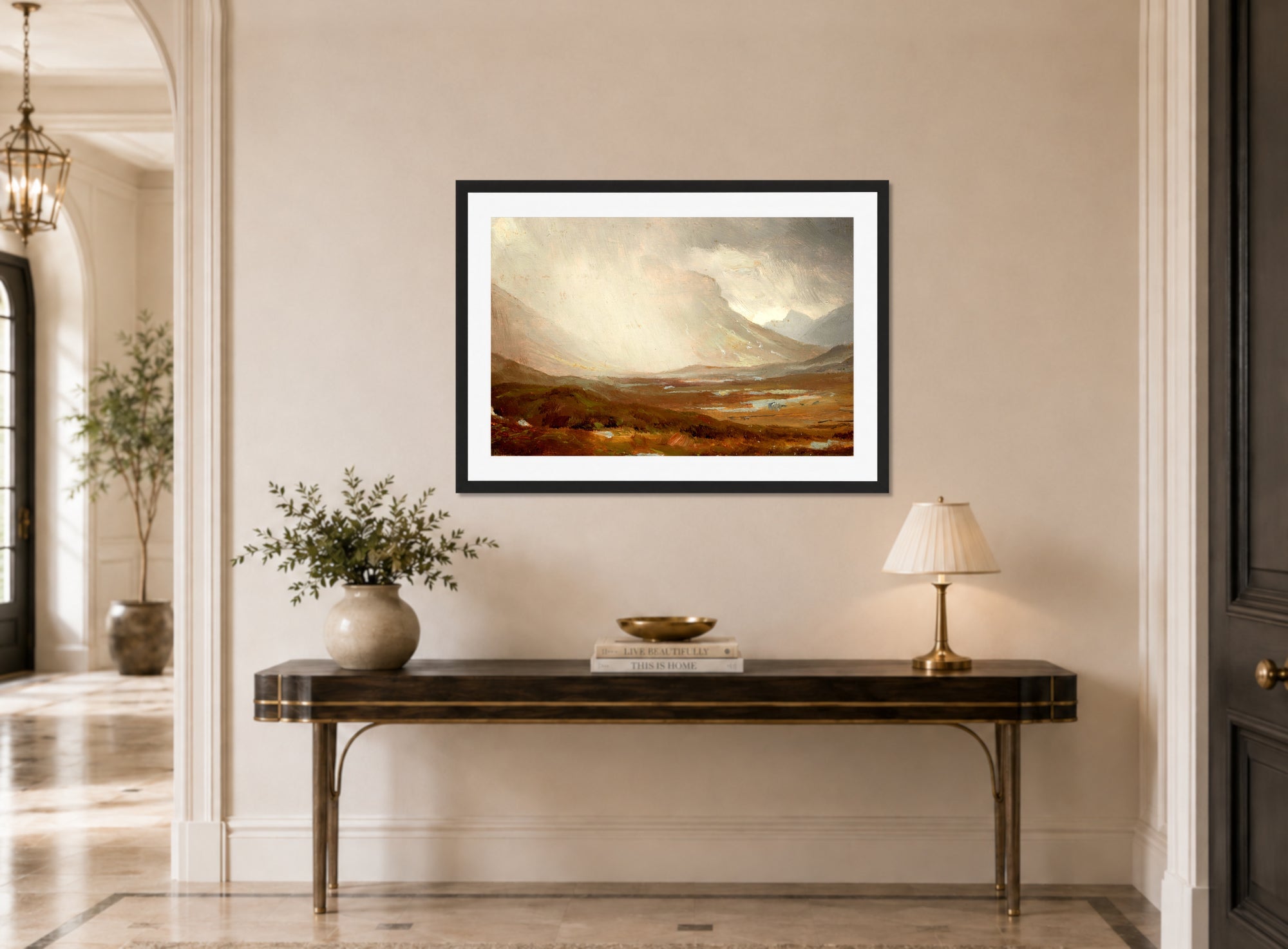 William Trost Richards Print, Passing Storm, Isle of Skye, Scotland displayed above a console table