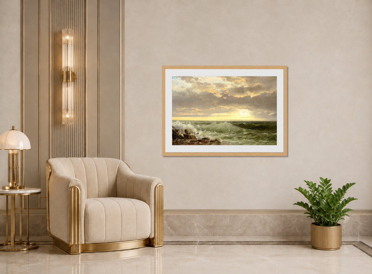 William Trost Richards Print, Rhode Island Coast displayed in an Art Deco interior