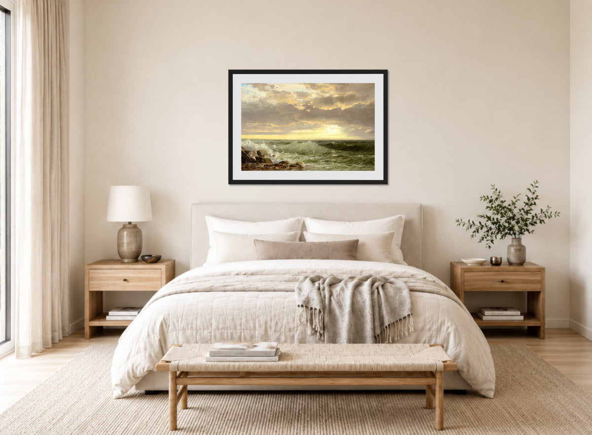 William Trost Richards Print, Rhode Island Coast displayed above a bed