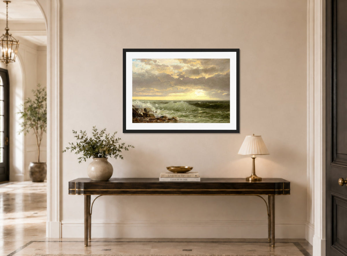 William Trost Richards Print, Rhode Island Coast displayed above a console table