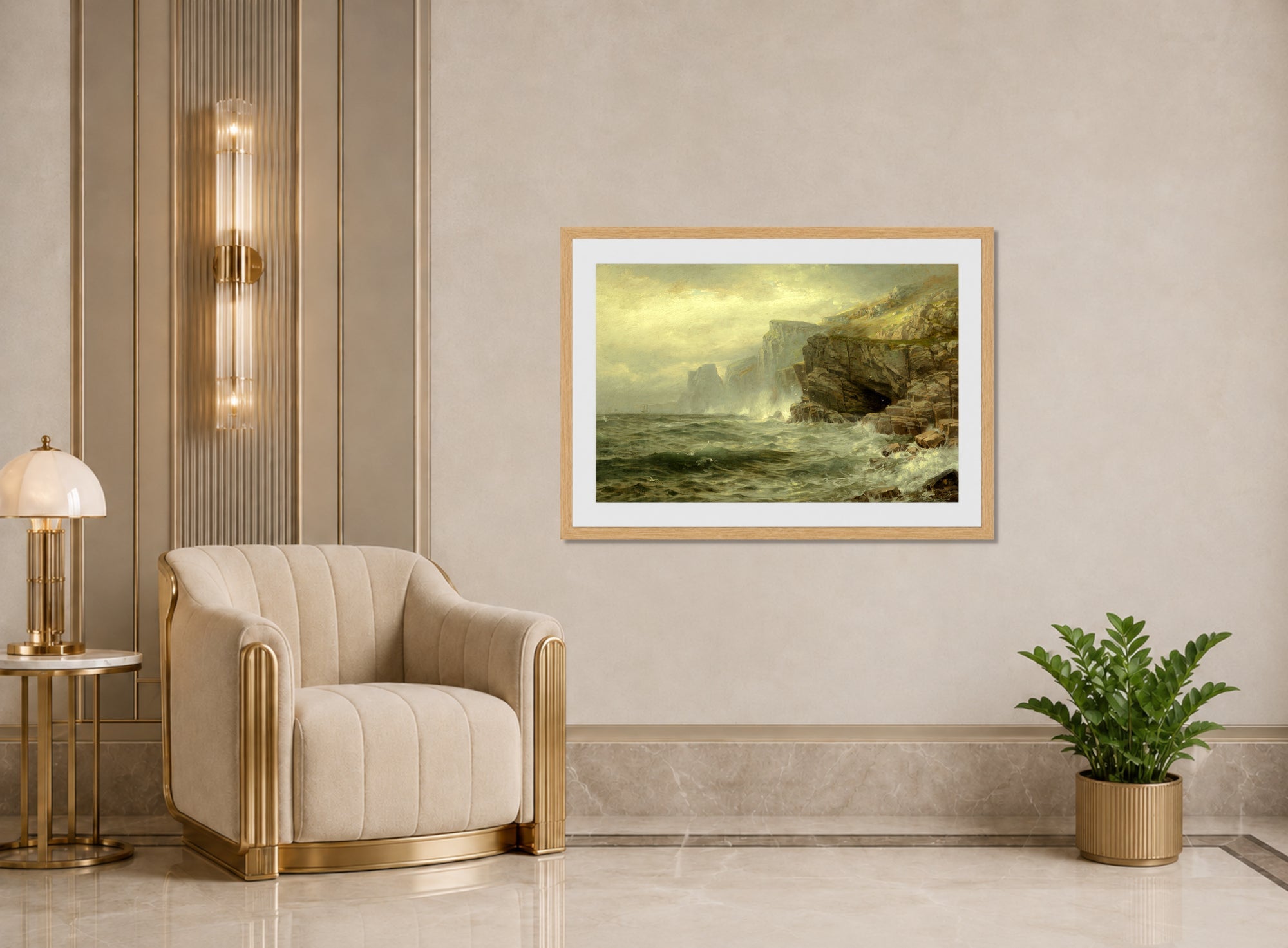 William Trost Richards Print, Rock Bound Coast (1885) displayed in an Art Deco interior