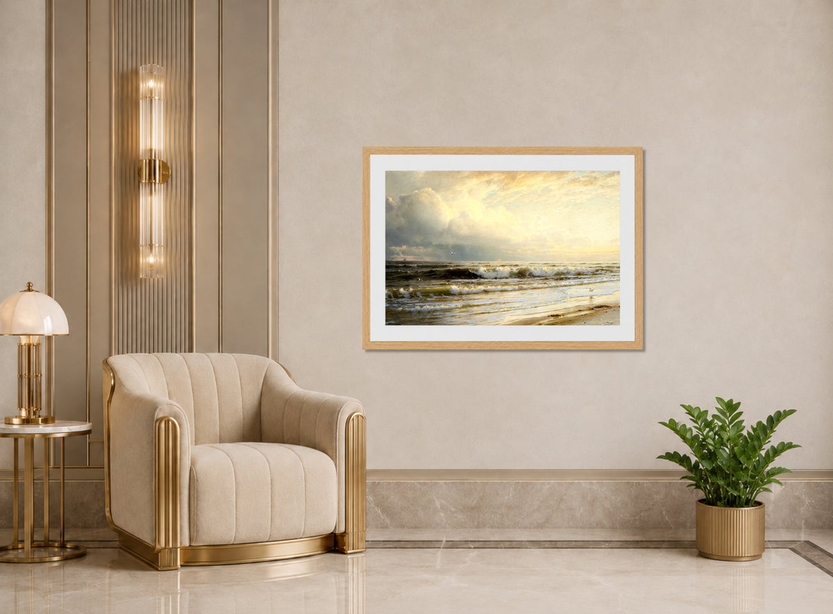 William Trost Richards Print, Rockaway Beach displayed in an Art Deco interior